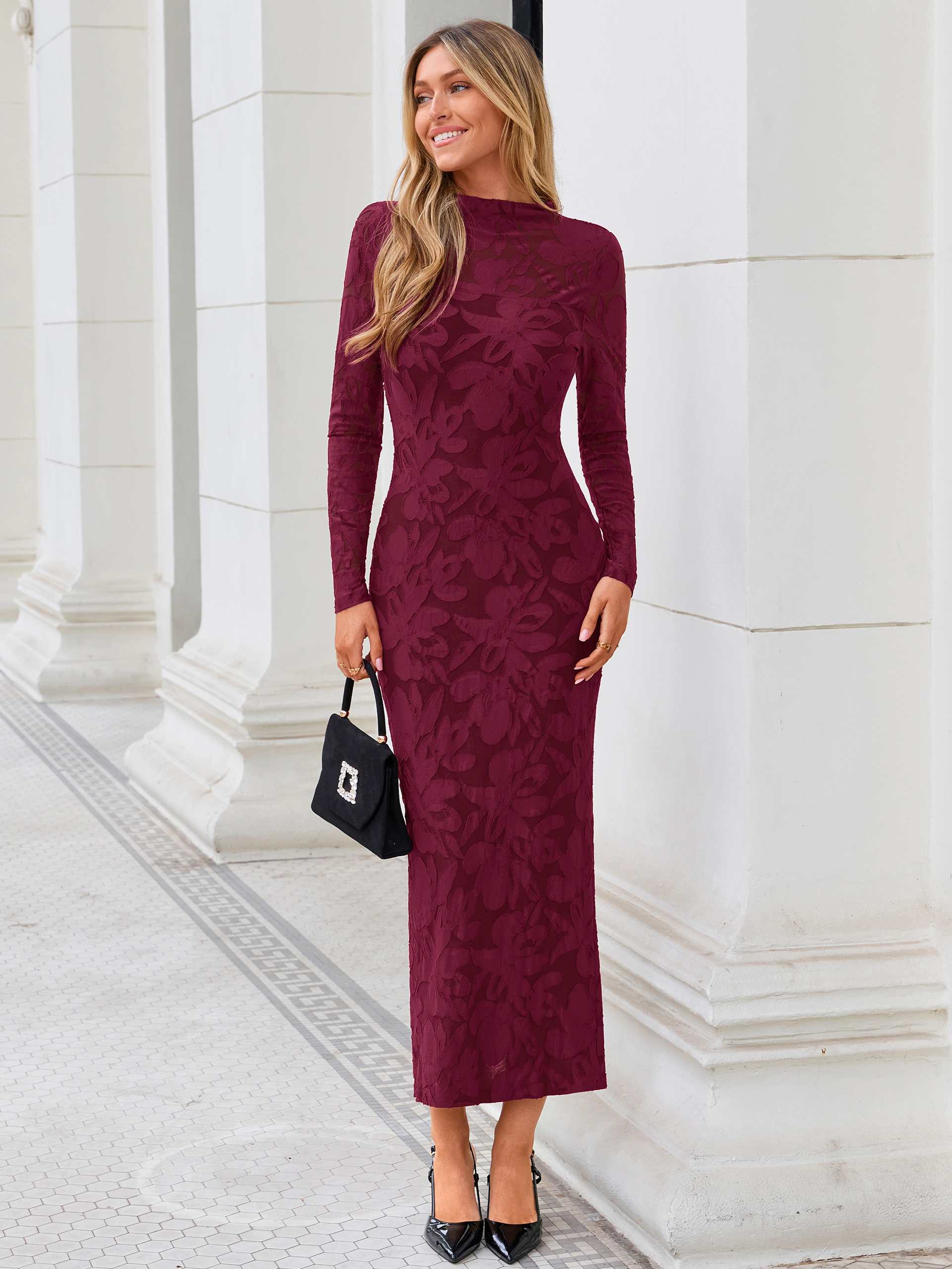 Elegant Floral Mesh Long Sleeve Bodycon Maxi Dress