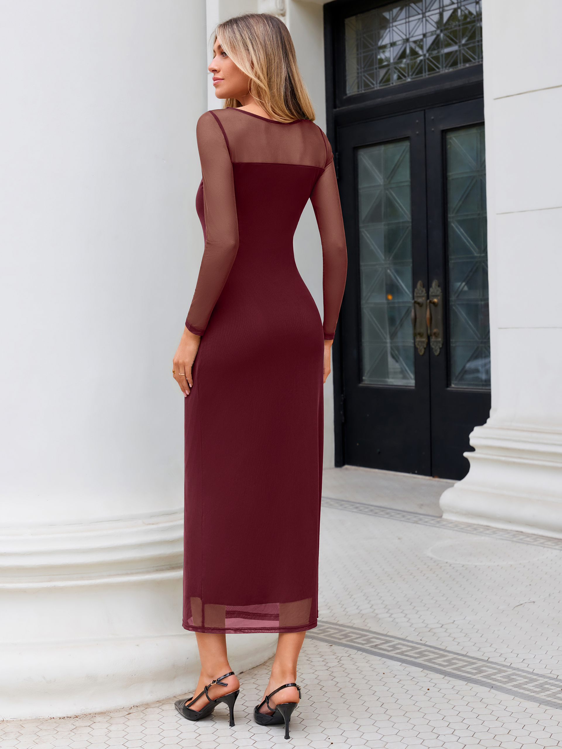 Elegant Mesh Long Sleeve Solid Bodycon Maxi Dress