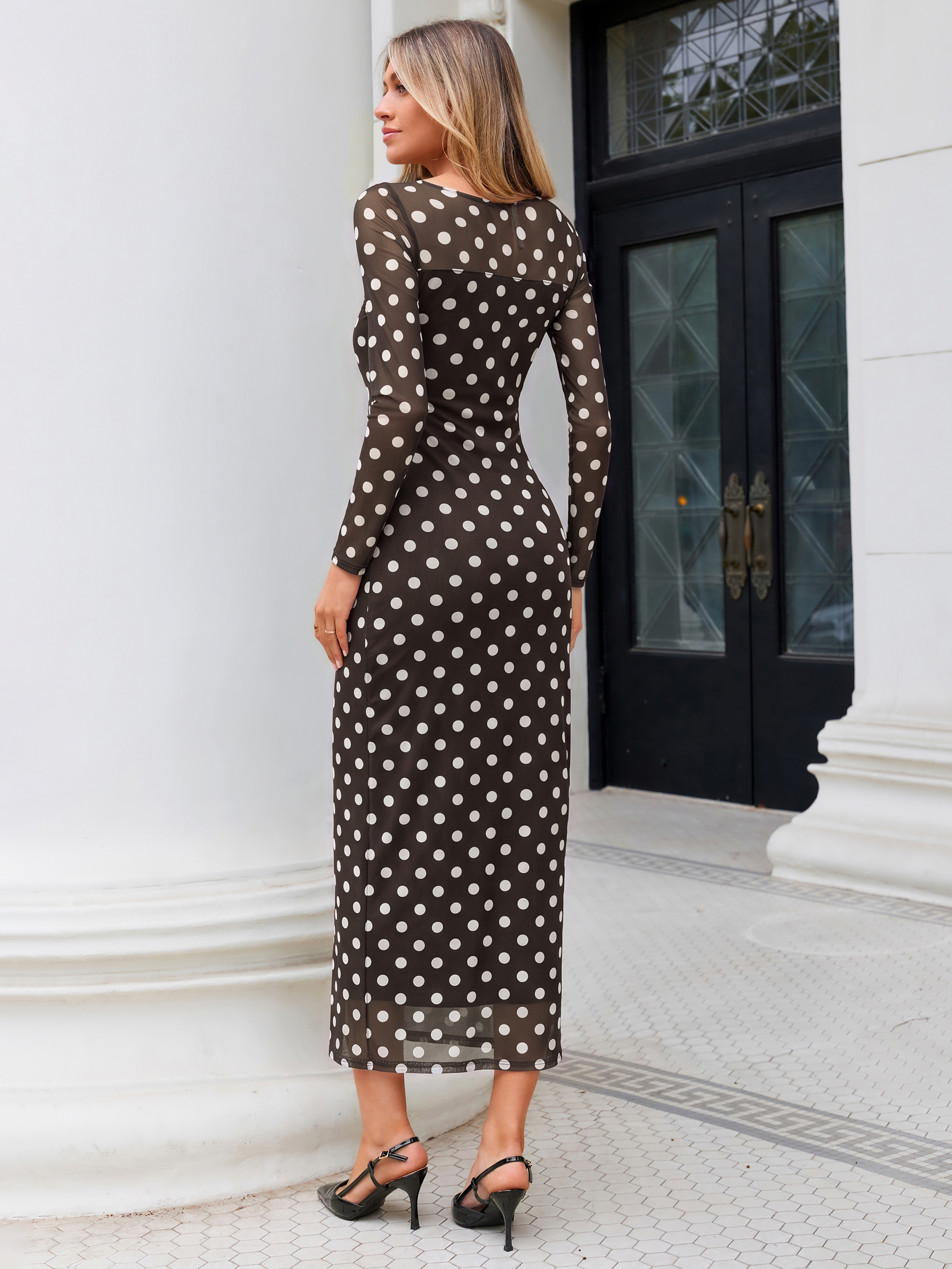 Retro Polka Dot Sheer Mesh Bodycon Maxi Dress