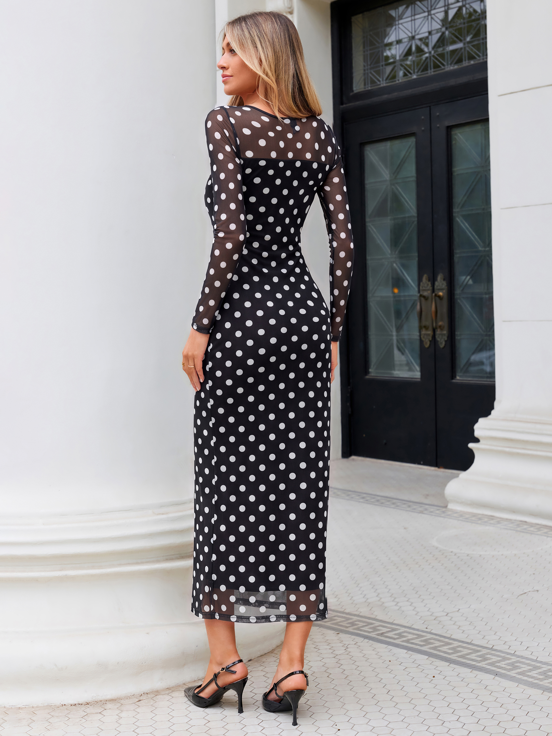 Retro Polka Dot Sheer Mesh Bodycon Maxi Dress