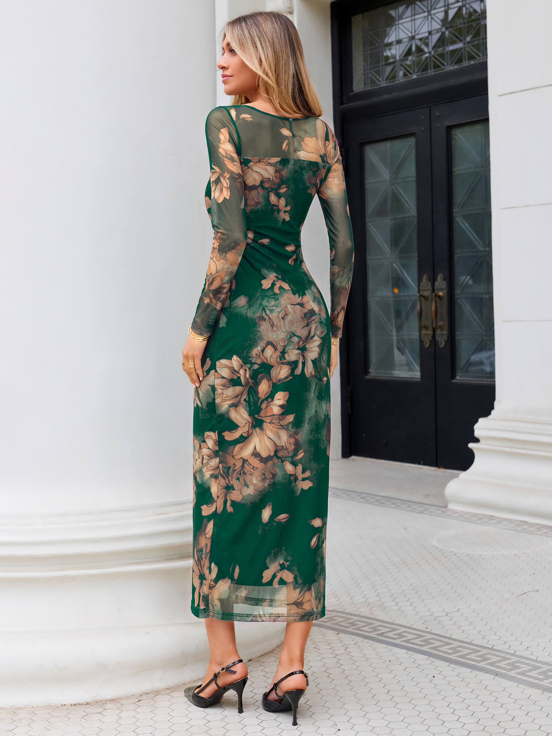 Floral Print Mesh Long Sleeve Bodycon Maxi Dress