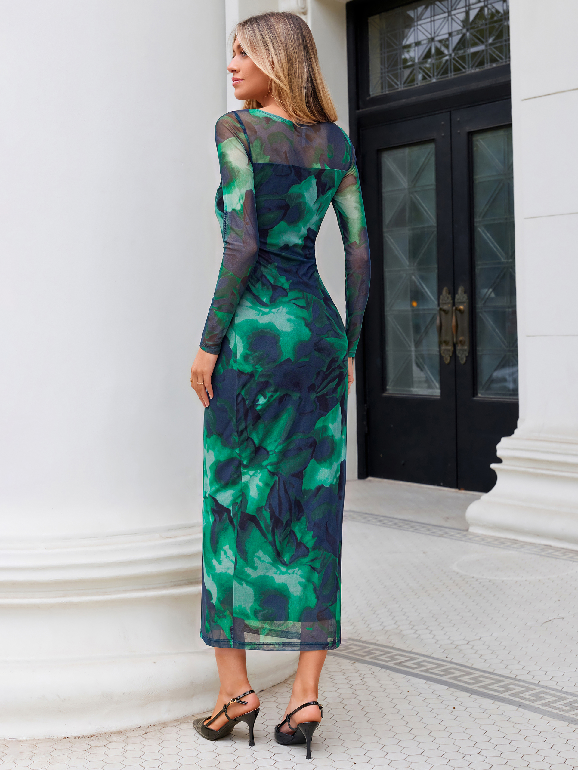 Floral Print Mesh Long Sleeve Bodycon Maxi Dress
