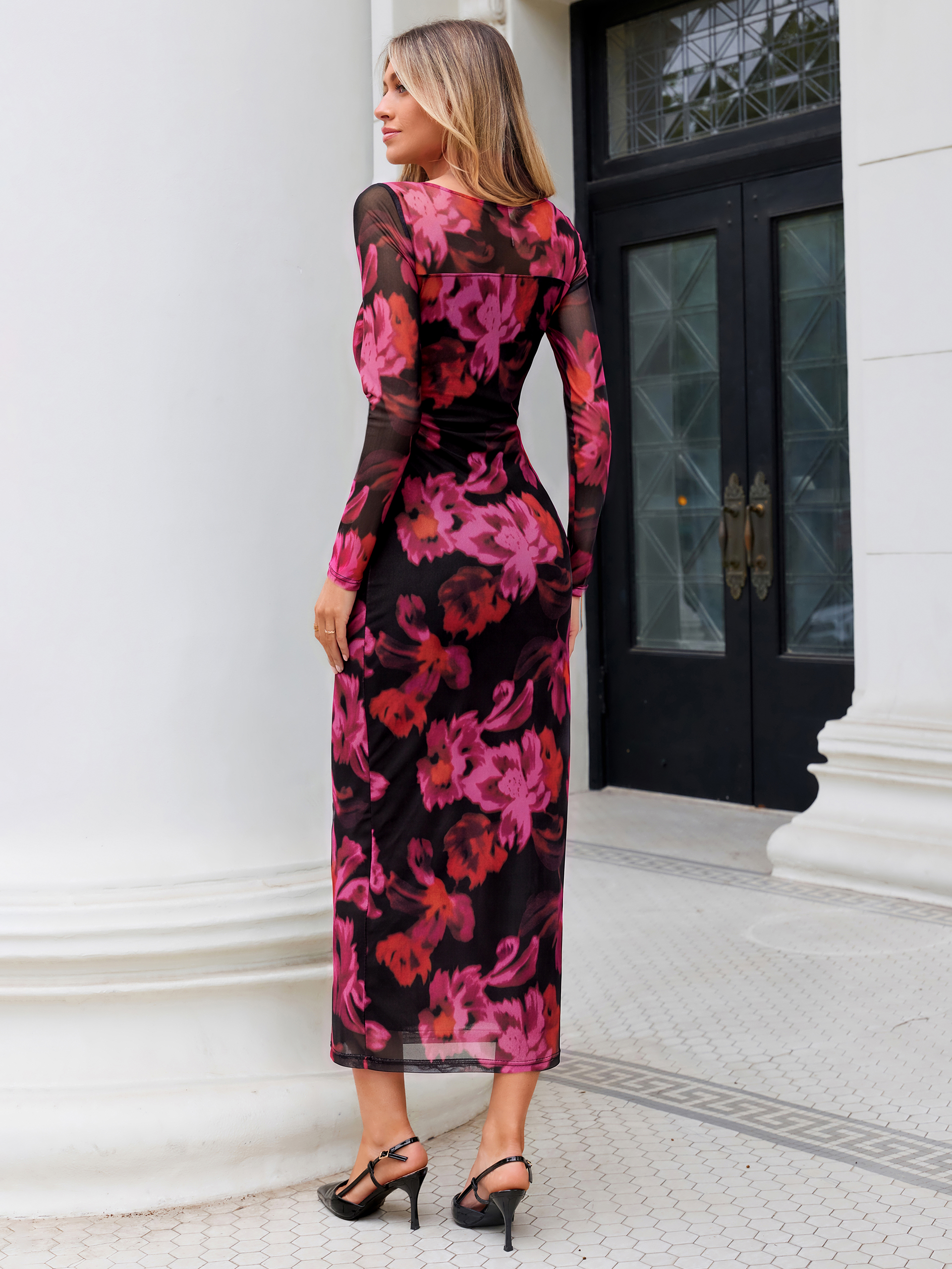Floral Print Mesh Long Sleeve Bodycon Maxi Dress