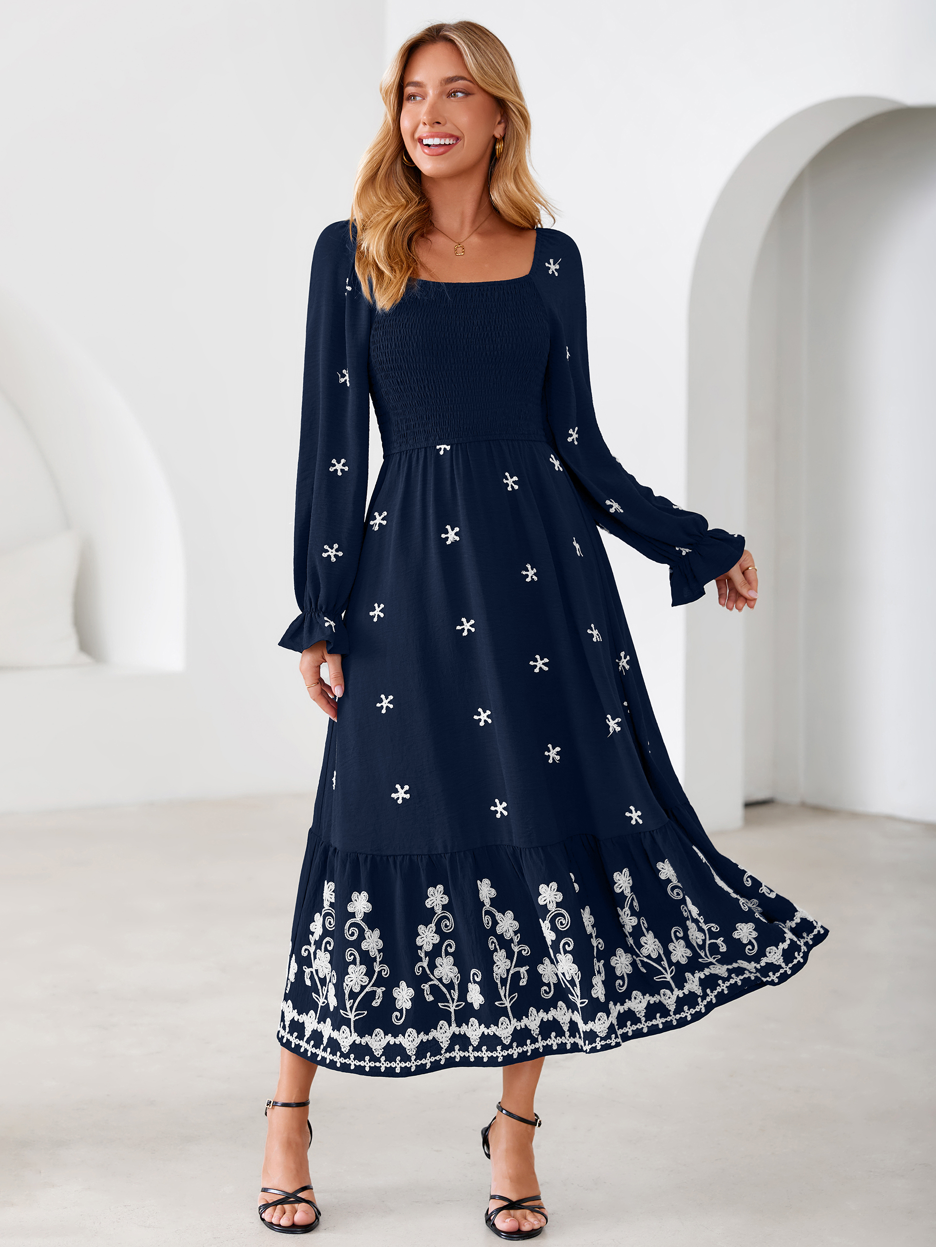 Boho Square Neck Floral Embroidered Maxi Dress