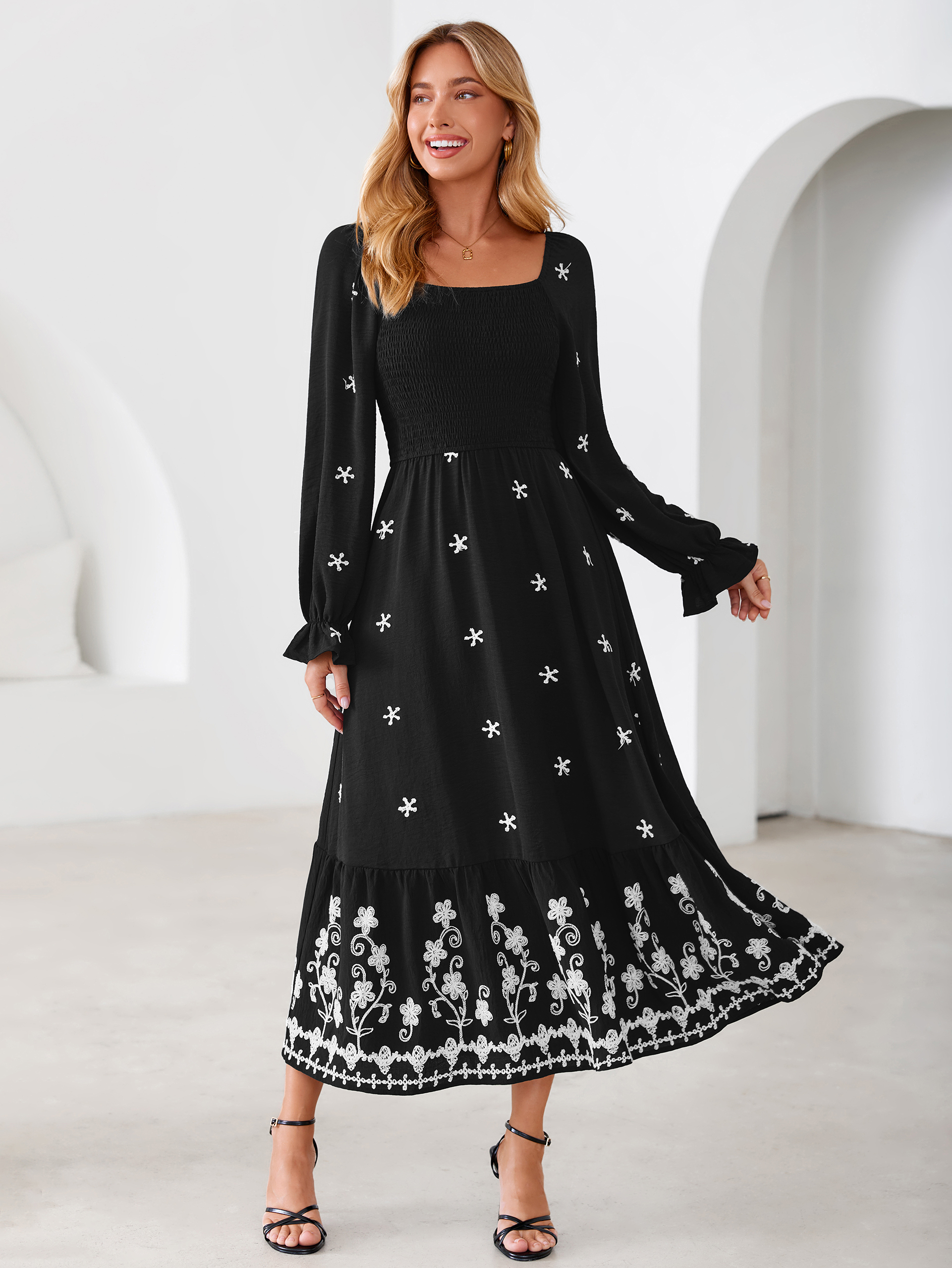 Boho Square Neck Floral Embroidered Maxi Dress