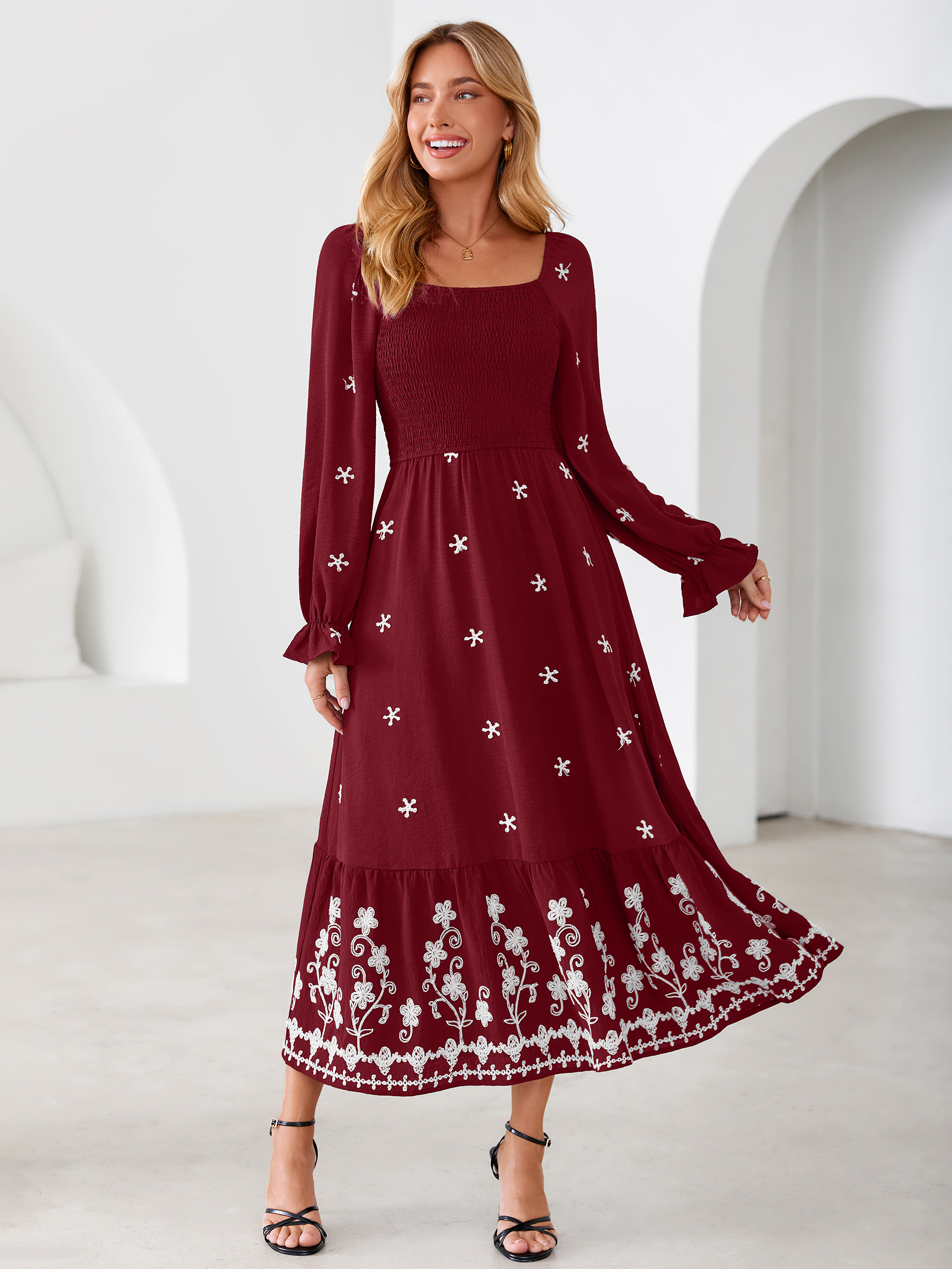 Boho Square Neck Floral Embroidered Maxi Dress