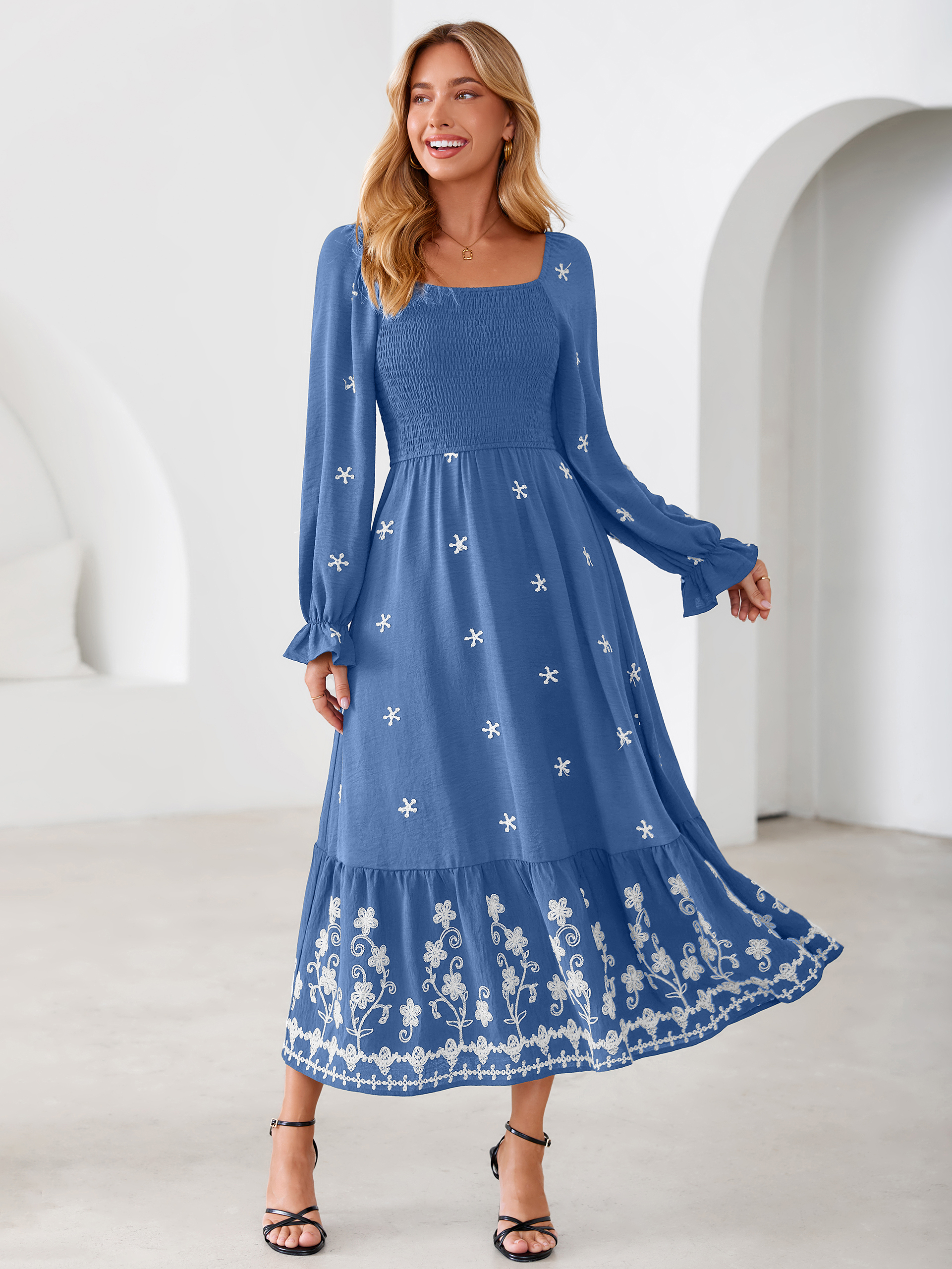 Boho Square Neck Floral Embroidered Maxi Dress