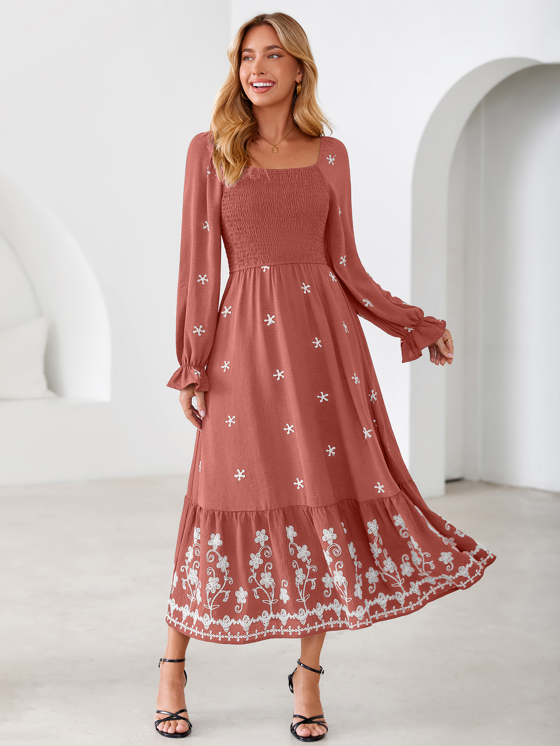 Boho Square Neck Floral Embroidered Maxi Dress
