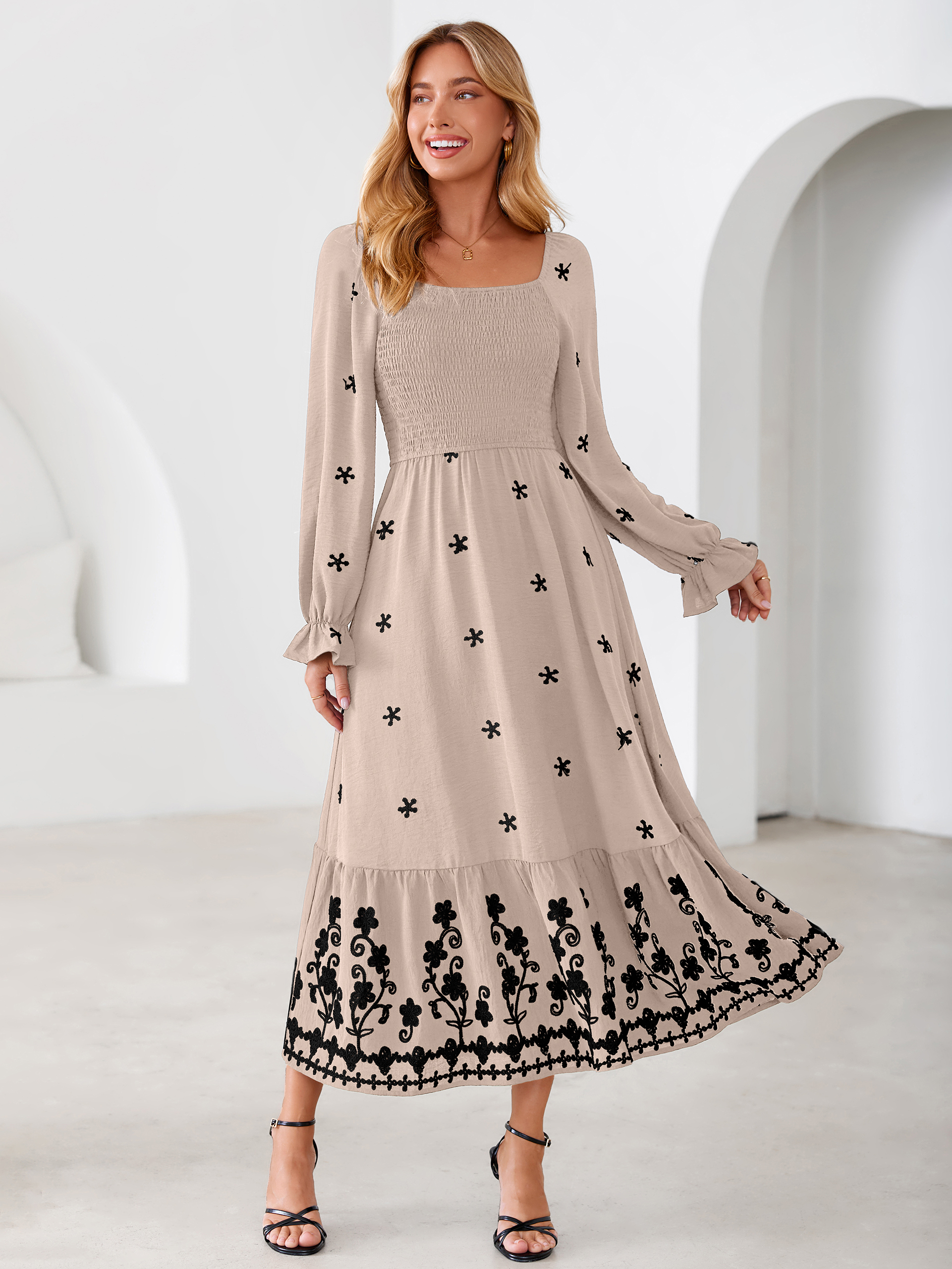 Boho Square Neck Floral Embroidered Maxi Dress