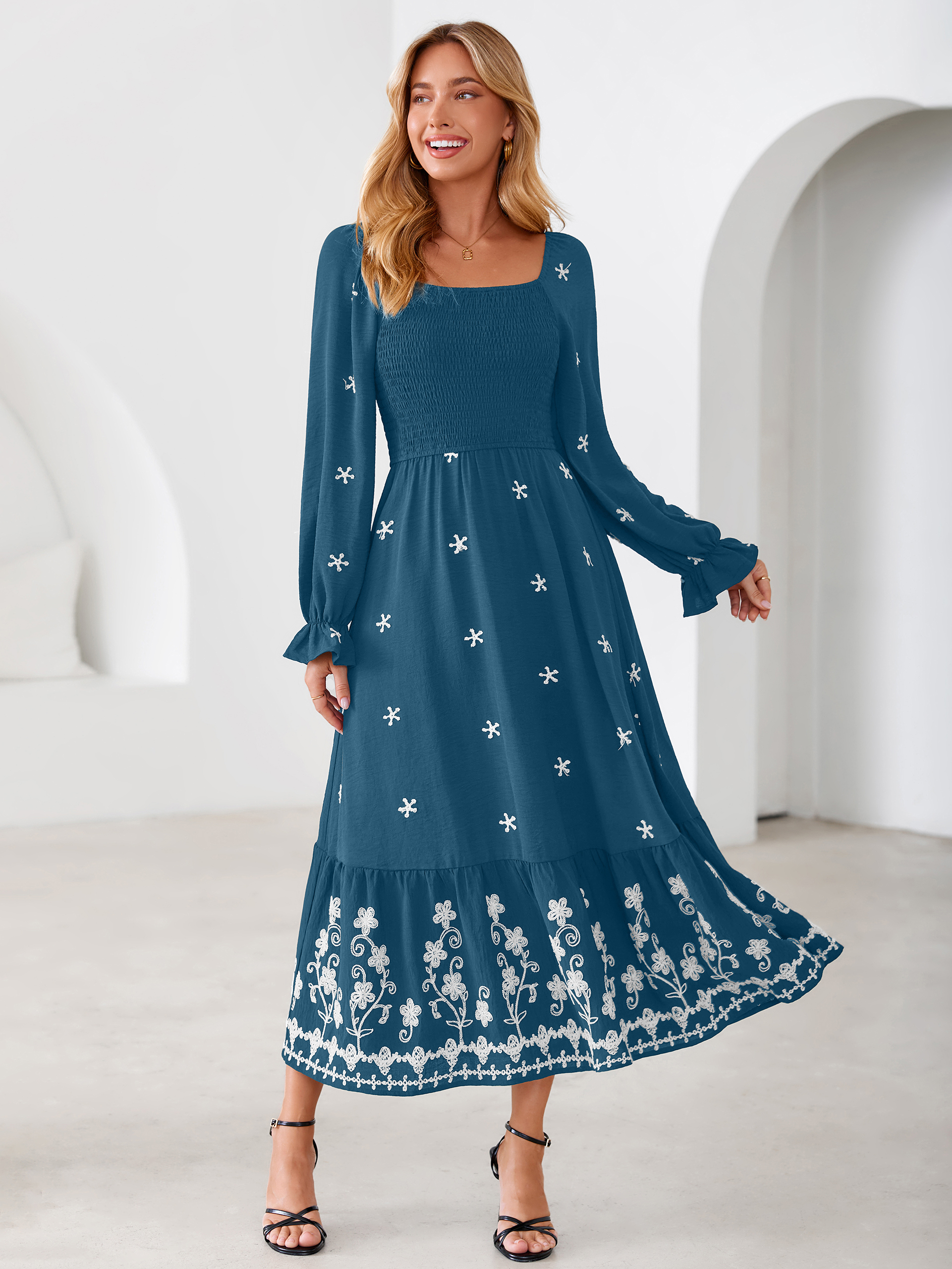 Boho Square Neck Floral Embroidered Maxi Dress