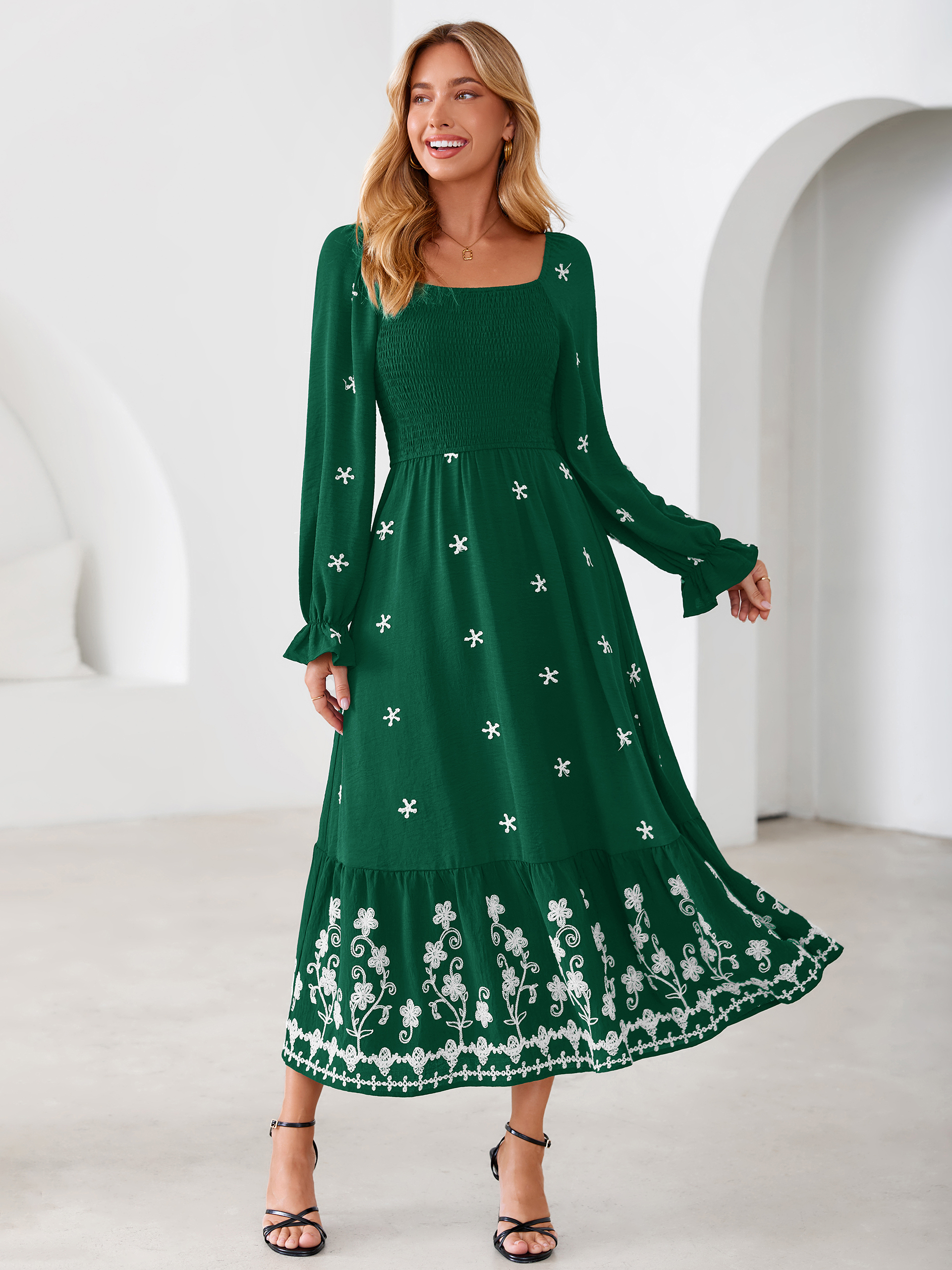 Boho Square Neck Floral Embroidered Maxi Dress