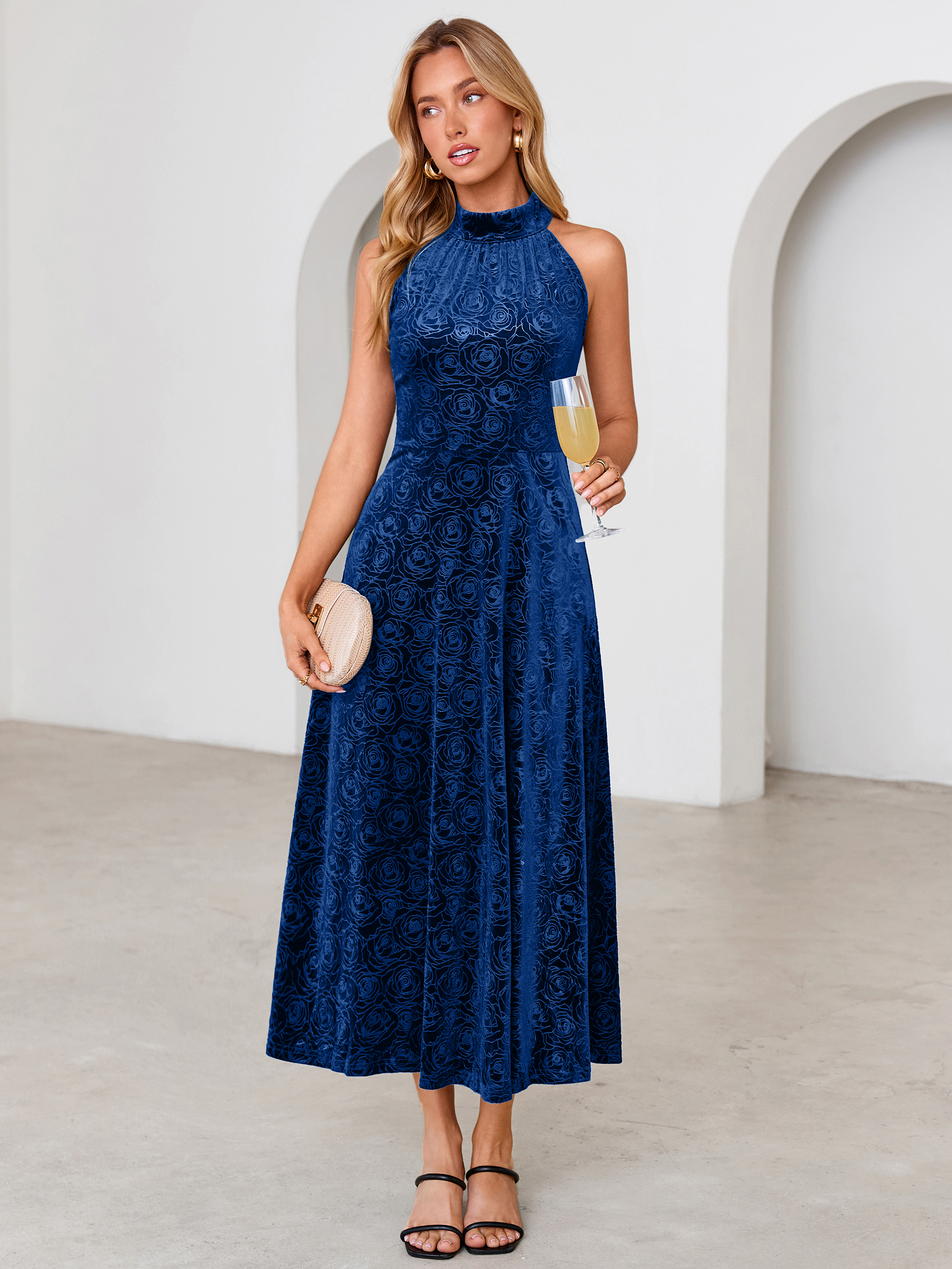 Luxurious Halter Neck Embossed Velvet Maxi Dress