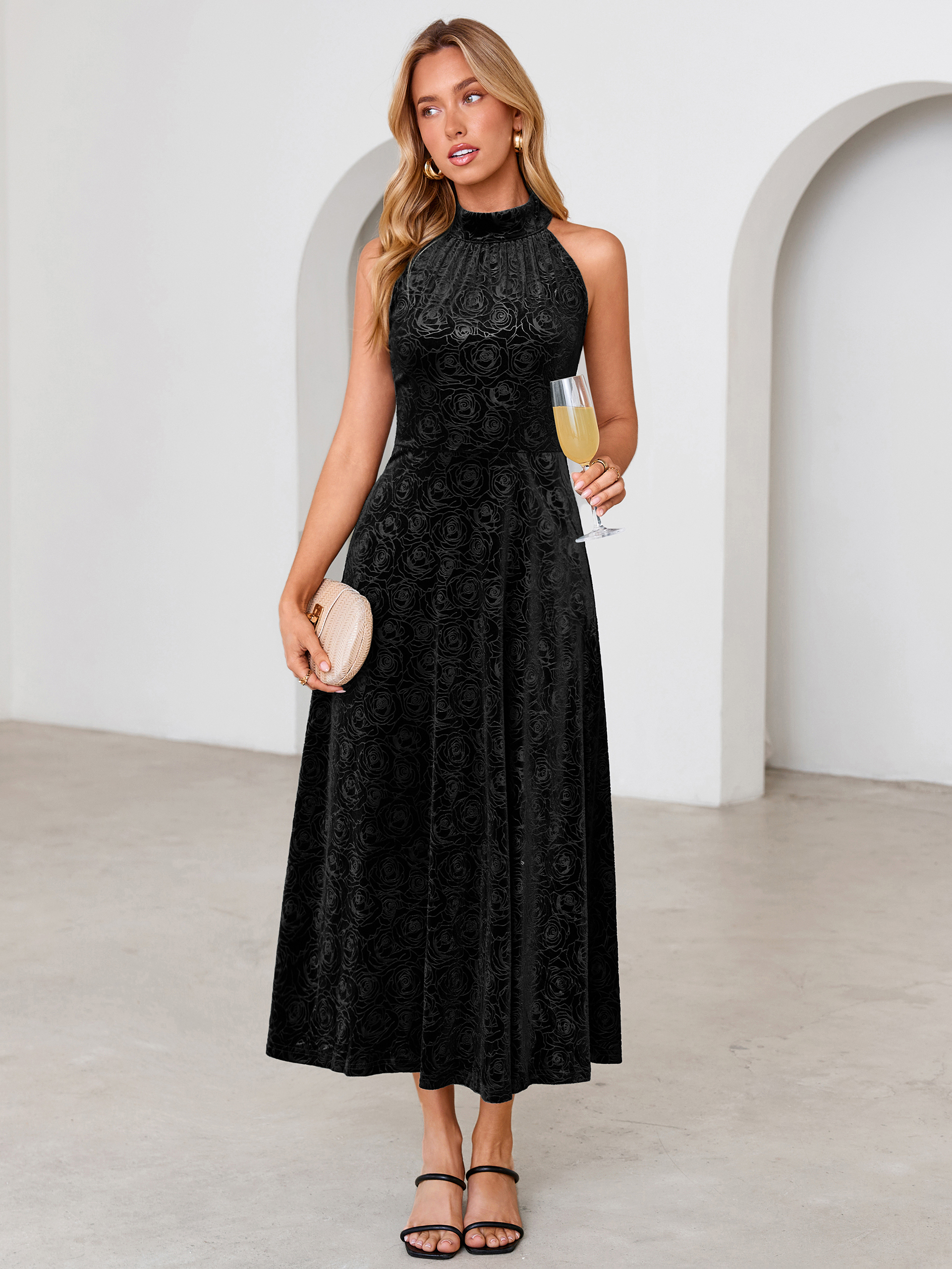 Luxurious Halter Neck Embossed Velvet Maxi Dress