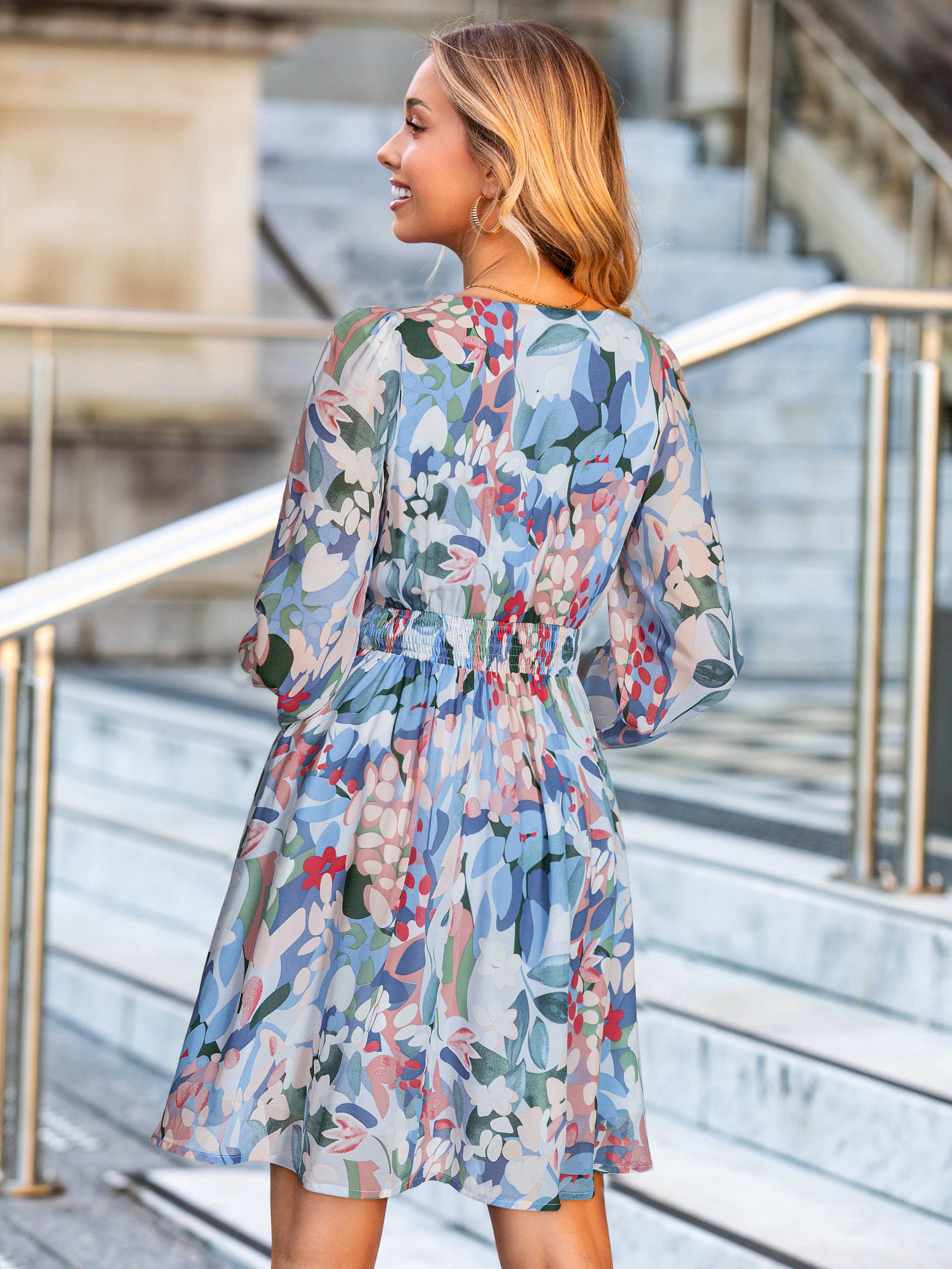 Boho Flowy Floral Chiffon Wedding Guest Mini Dress