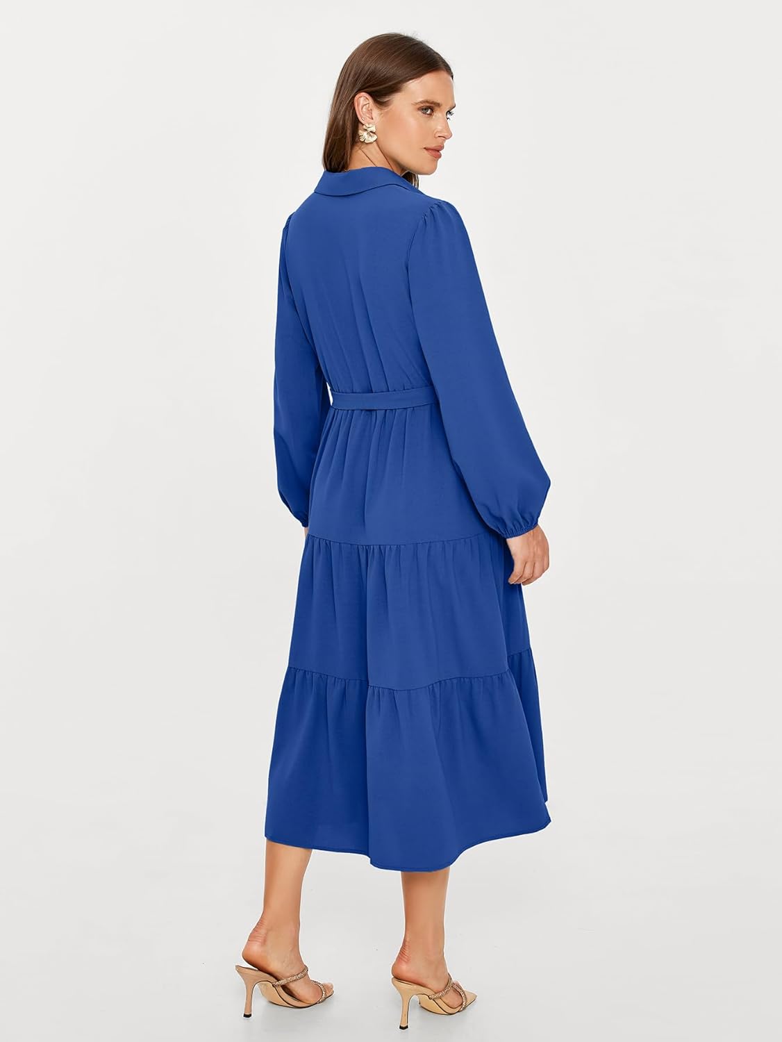 Button Up Lantern Sleeve Flowy Maxi Dress - Royal Blue
