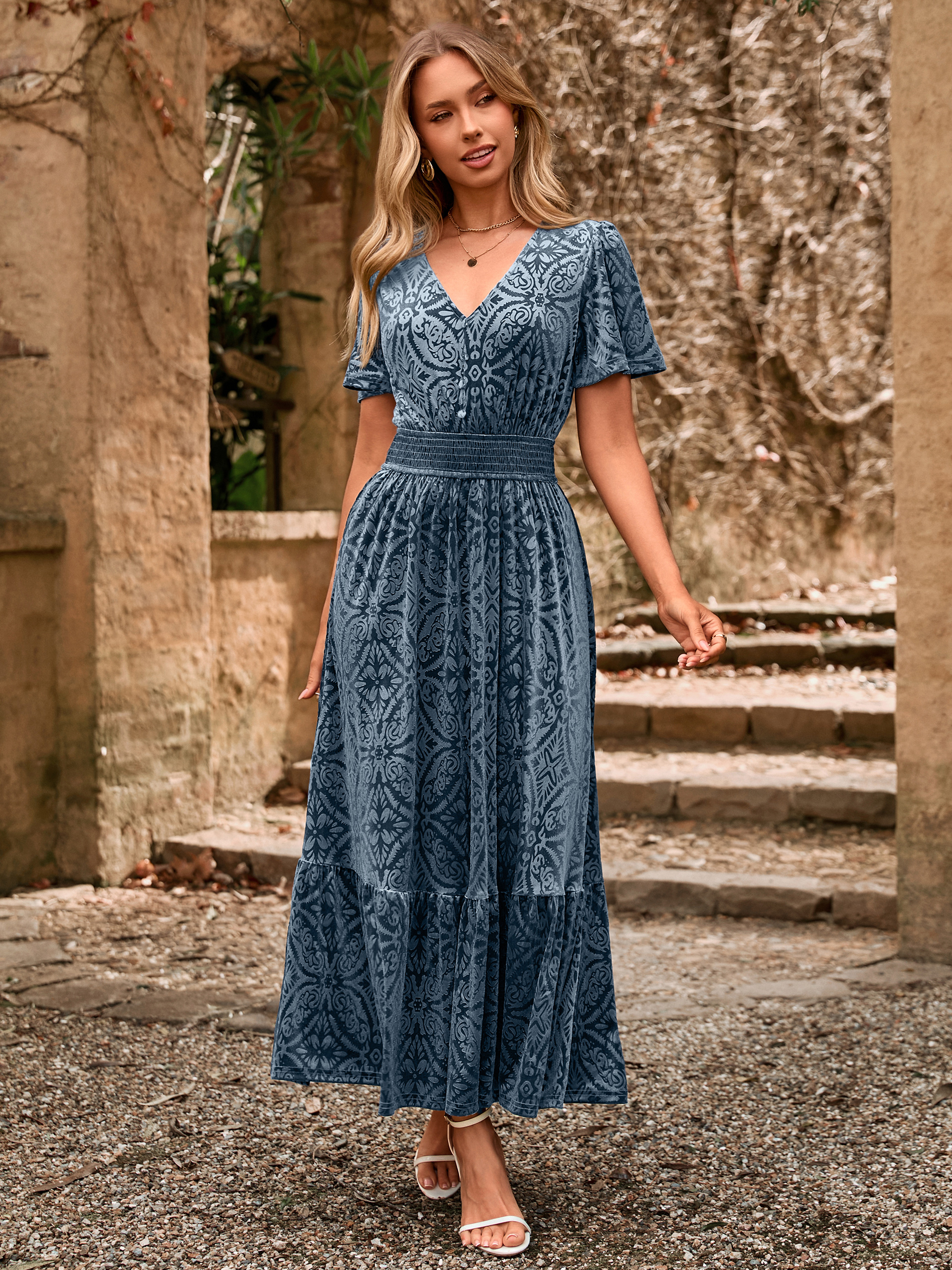 Velvet Floral V Neck Wedding Guest Maxi Dress