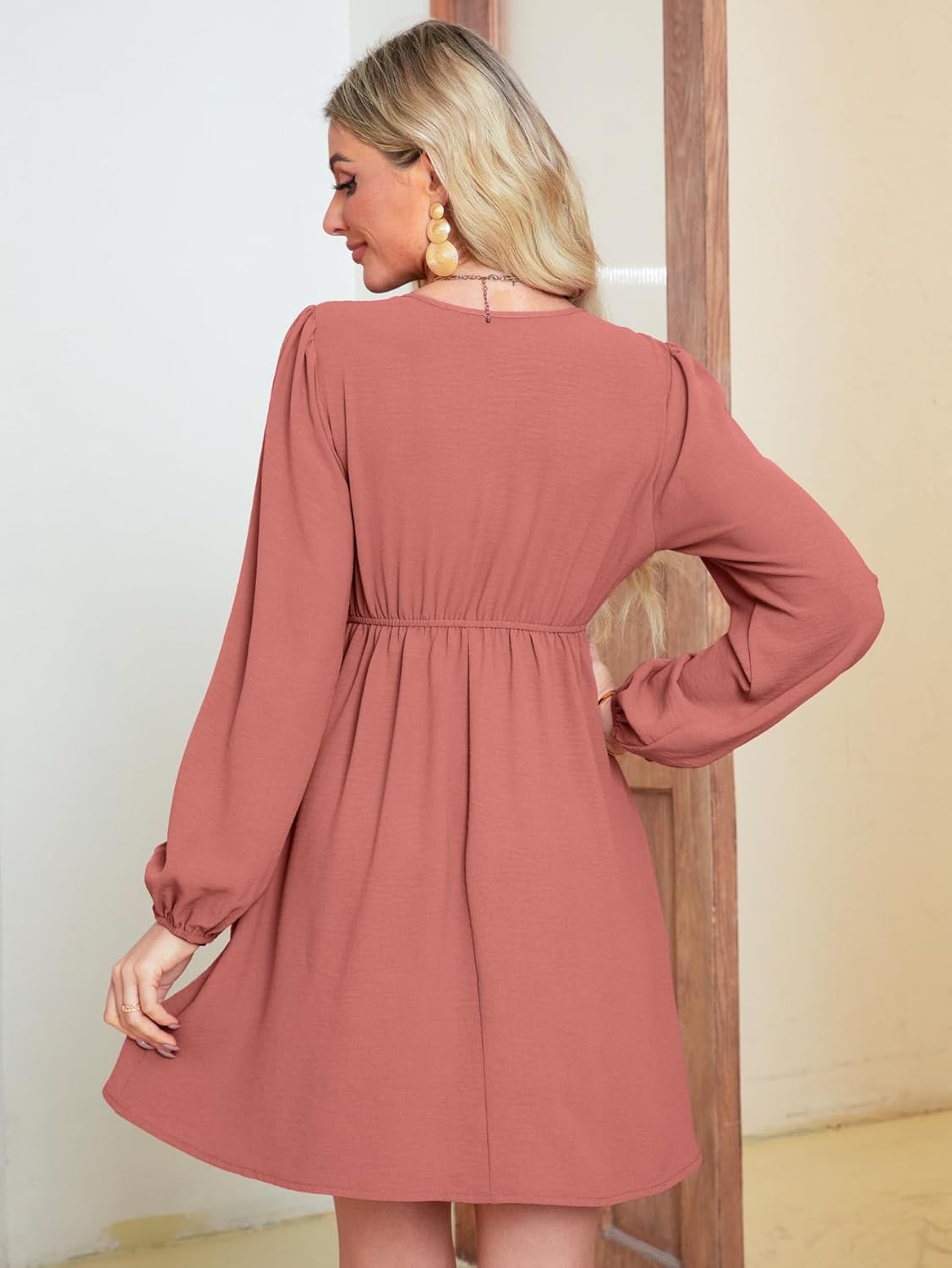 Deep V Puff Sleeve Smocked Babydoll Mini Dress - Rust Red