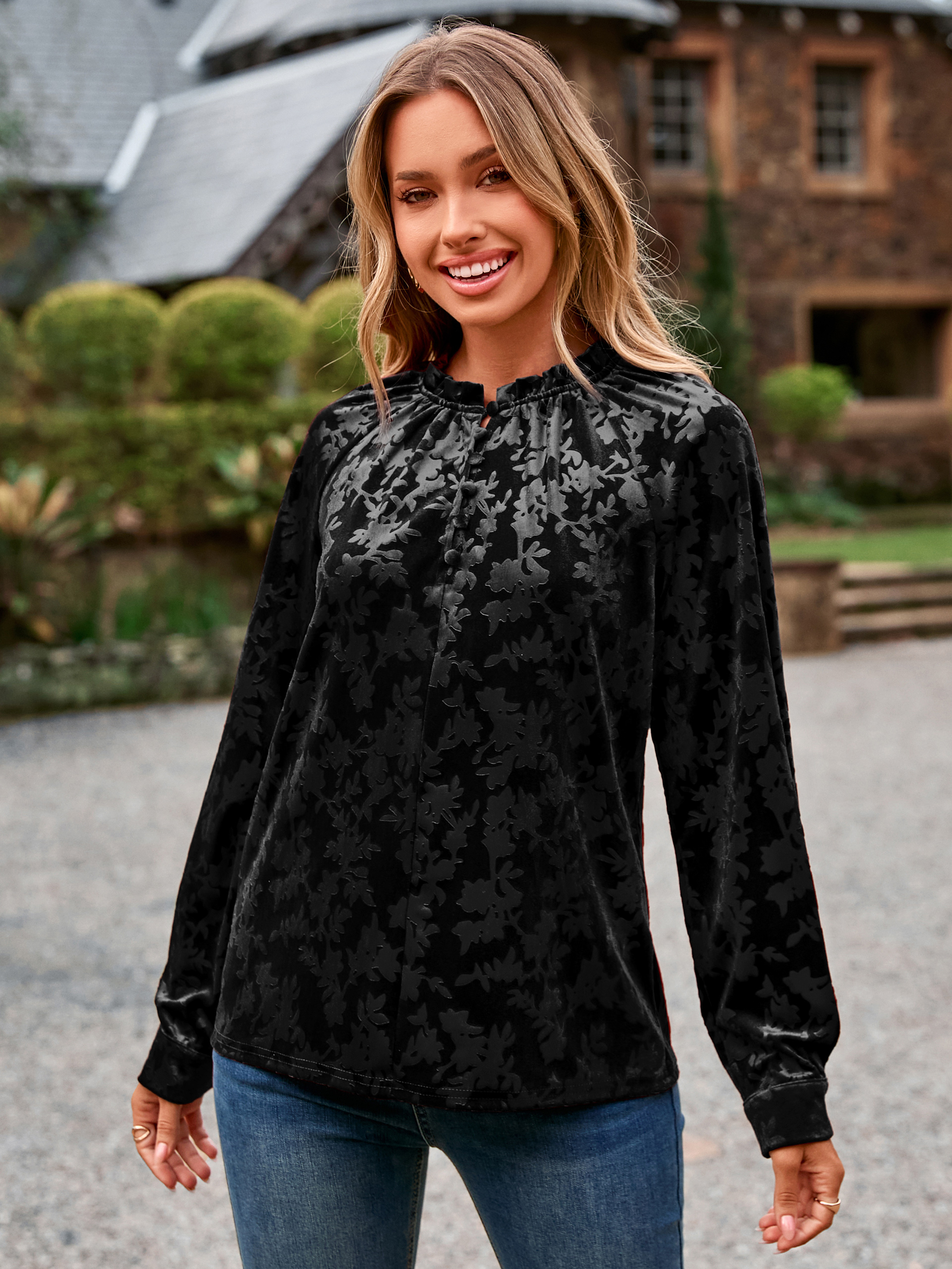 Velvet Button Down Long Sleeve Dressy Casual Blouse