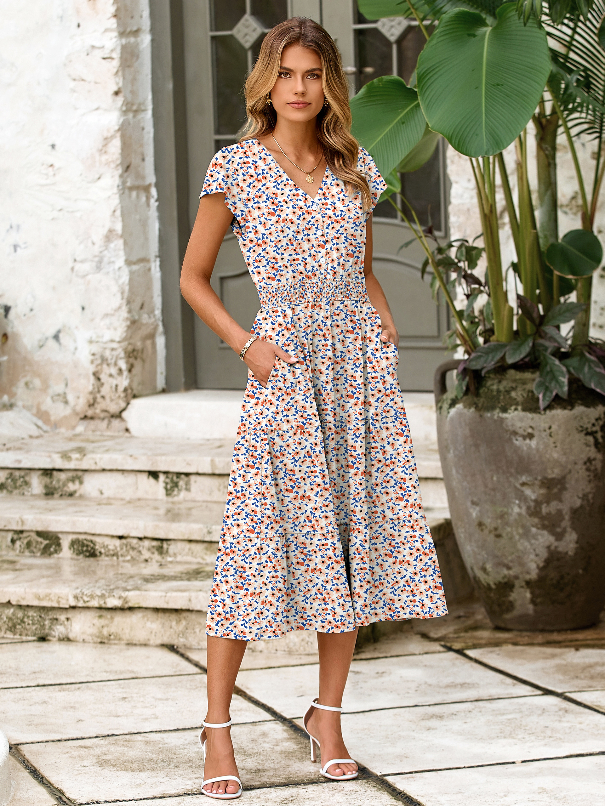 Boho Floral Flutter Sleeve Smocked Midi Dress