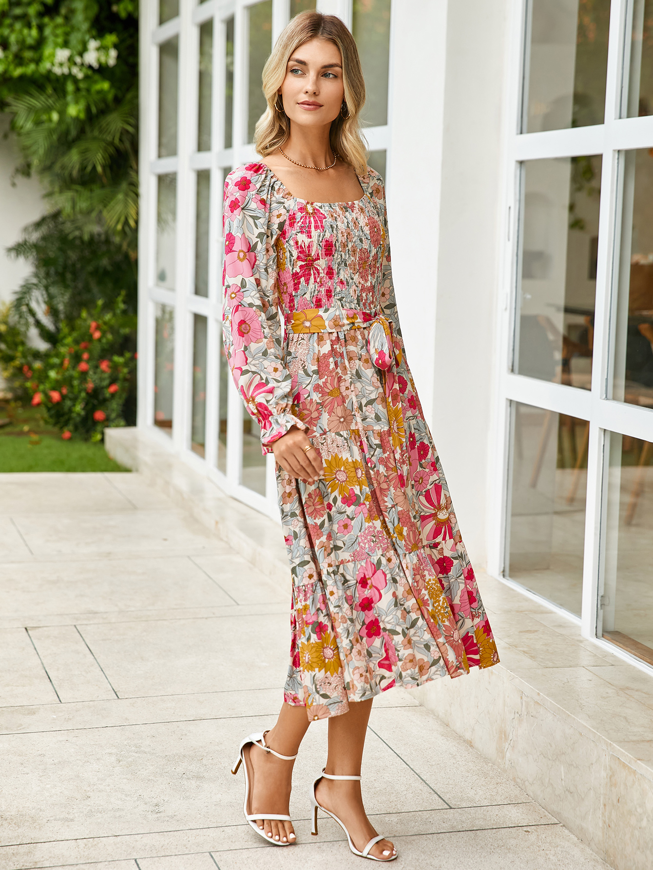 Floral Tiered Puff Sleeve Smocked Maxi Dress