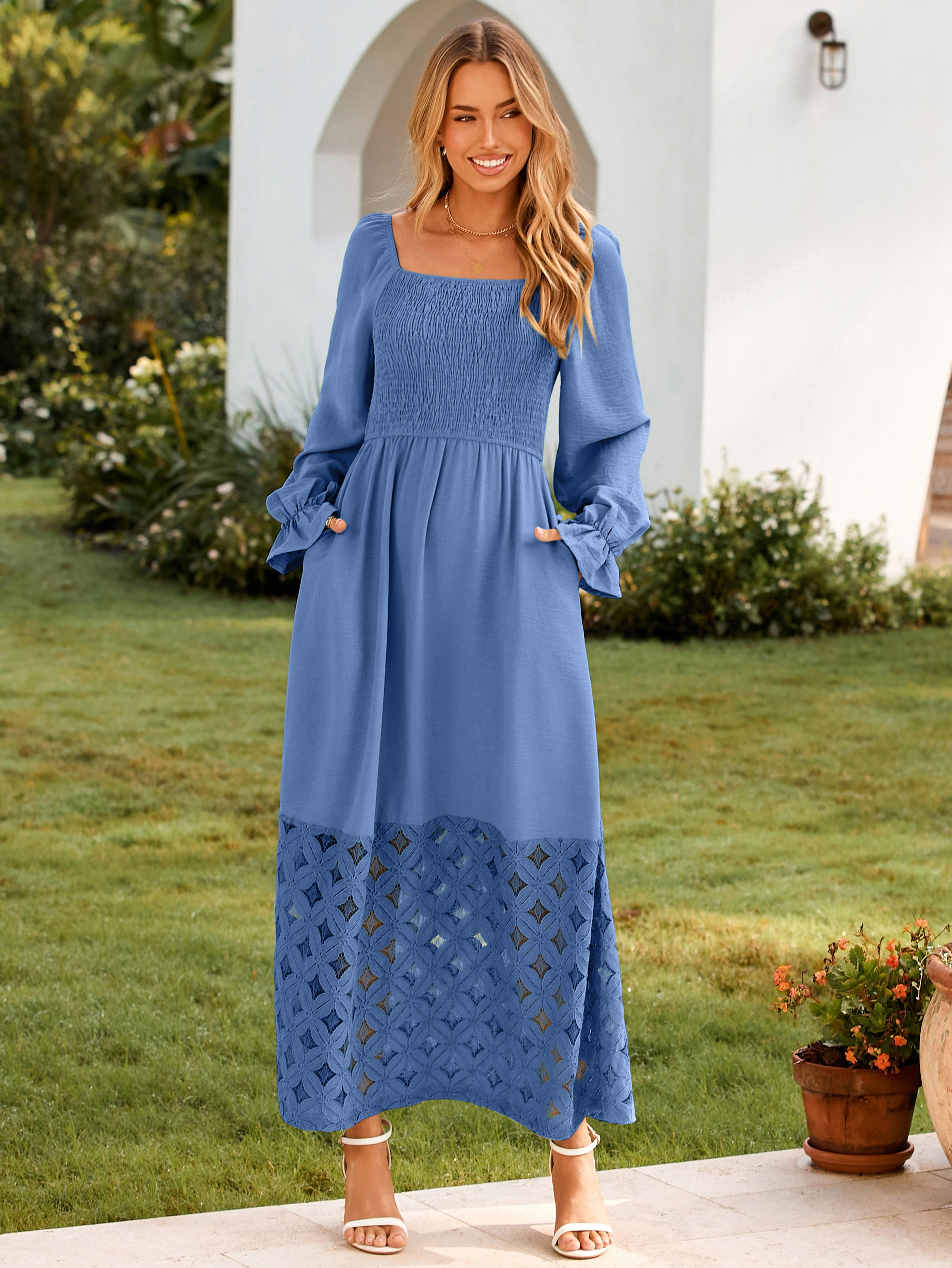 Boho Flowy Square Neck Wedding Guest Maxi Dress