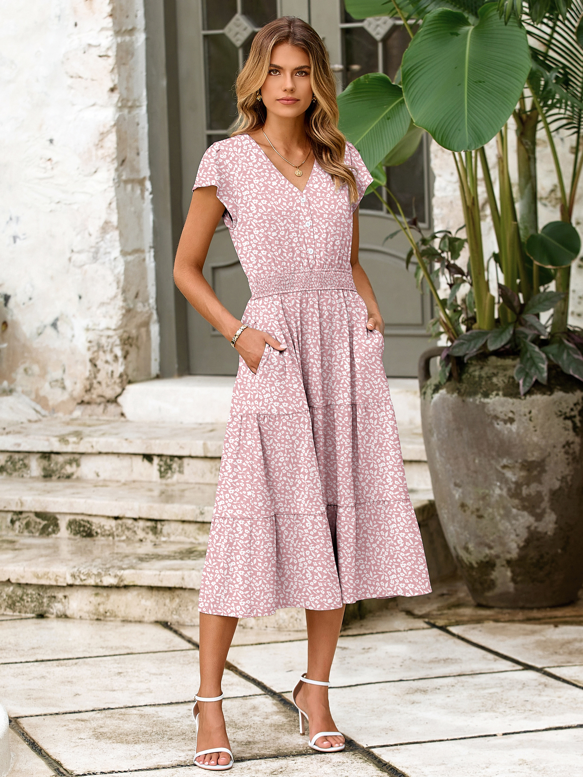 Boho Floral Flutter Sleeve Smocked Midi Dress