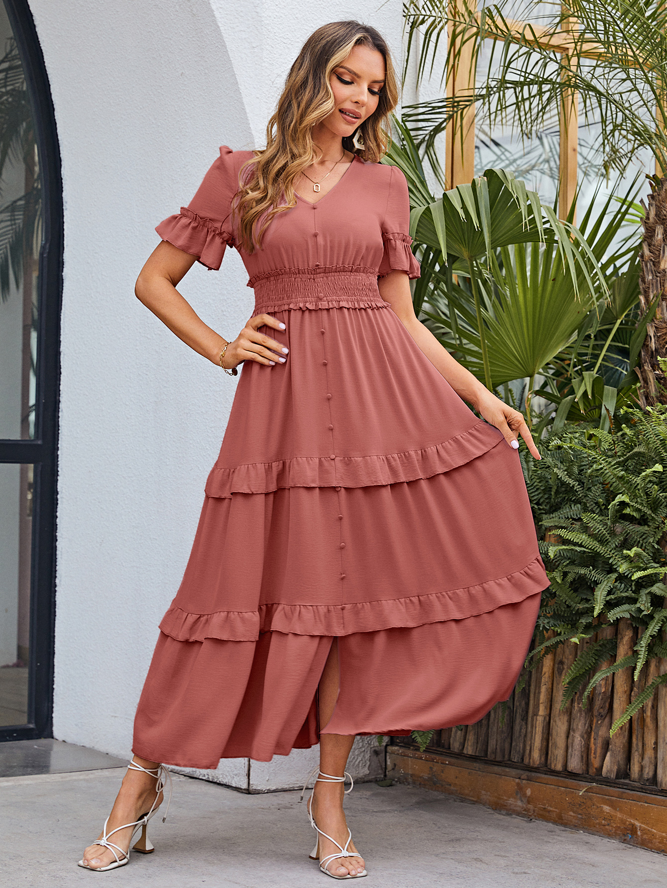 Short Sleeve Tiered Ruffle Smocked V-Neck Maxi Dress