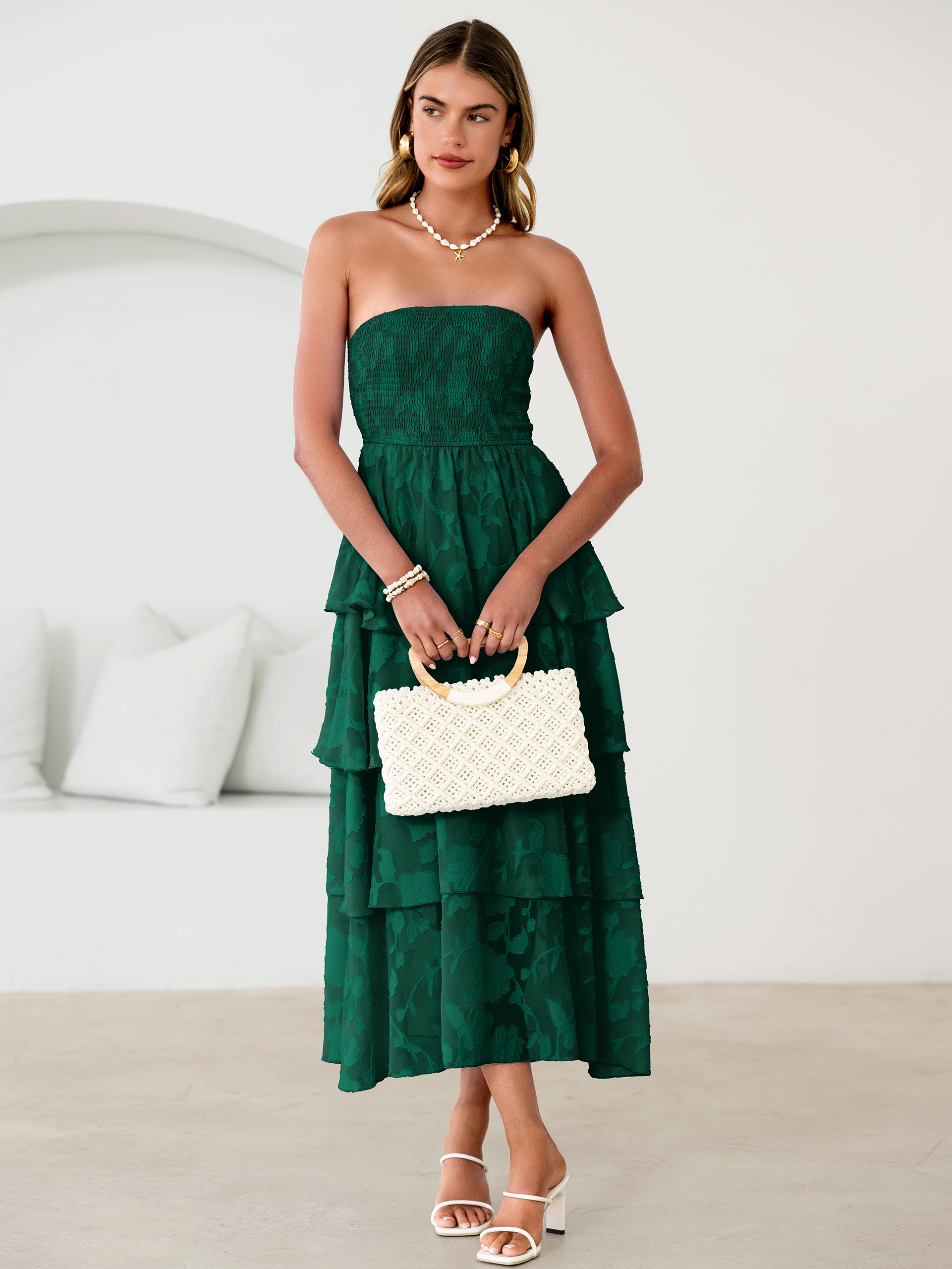 Floral Strapless Smocked Tiered Maxi Dress