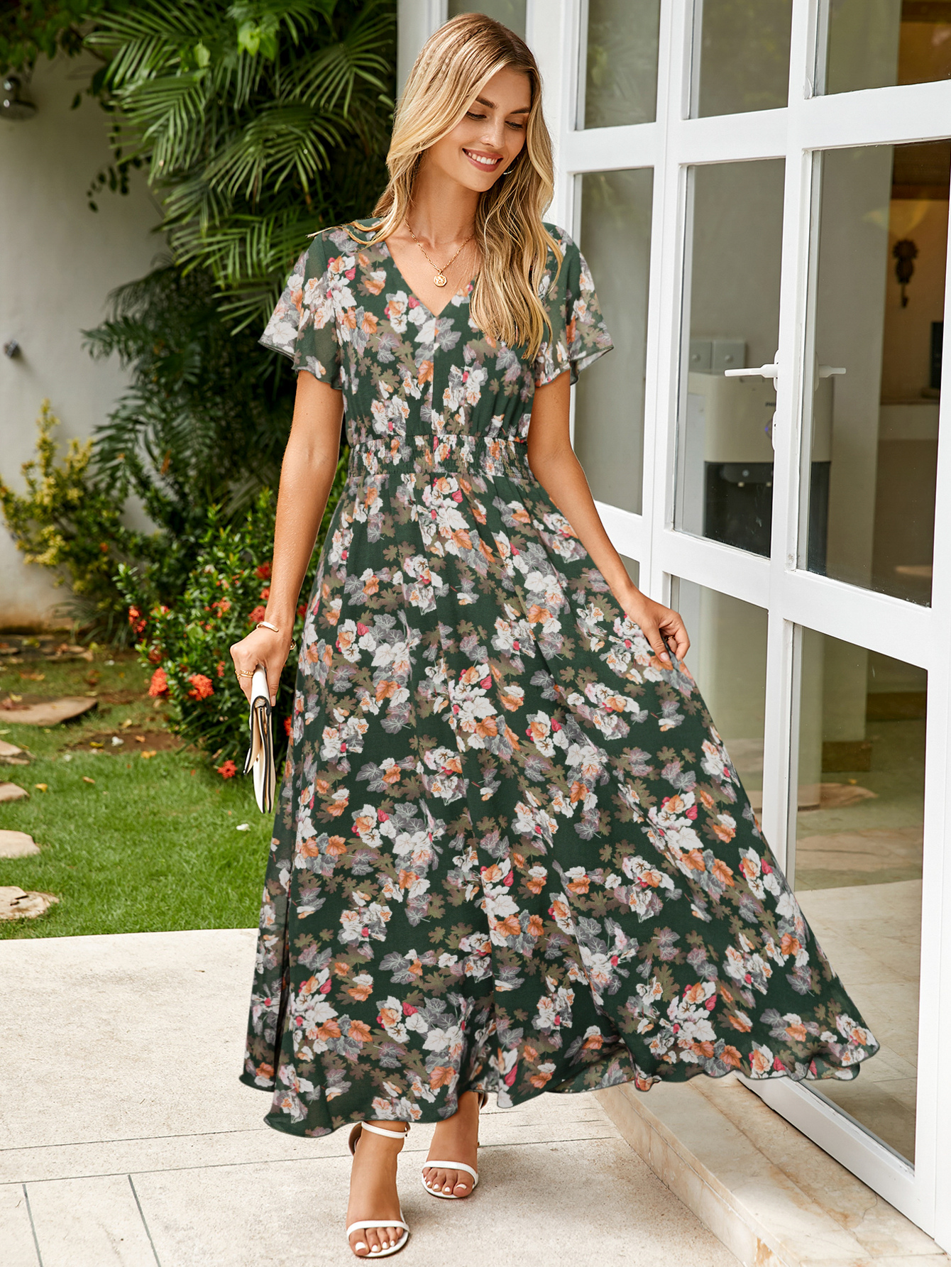 Boho Chiffon Floral Wedding Guest Maxi Dress