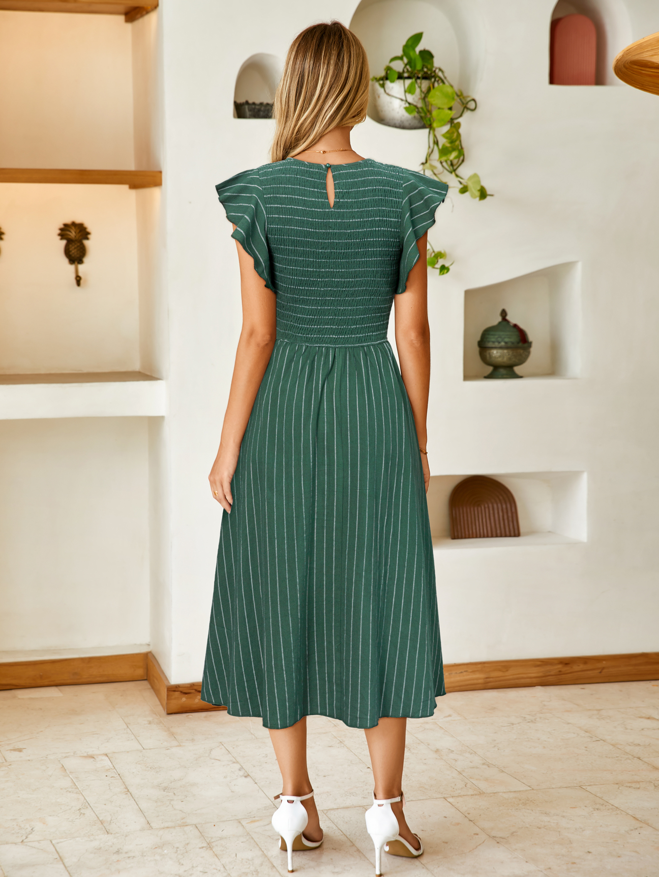 Striped Smocked Midi Dress with Flutter Sleeves