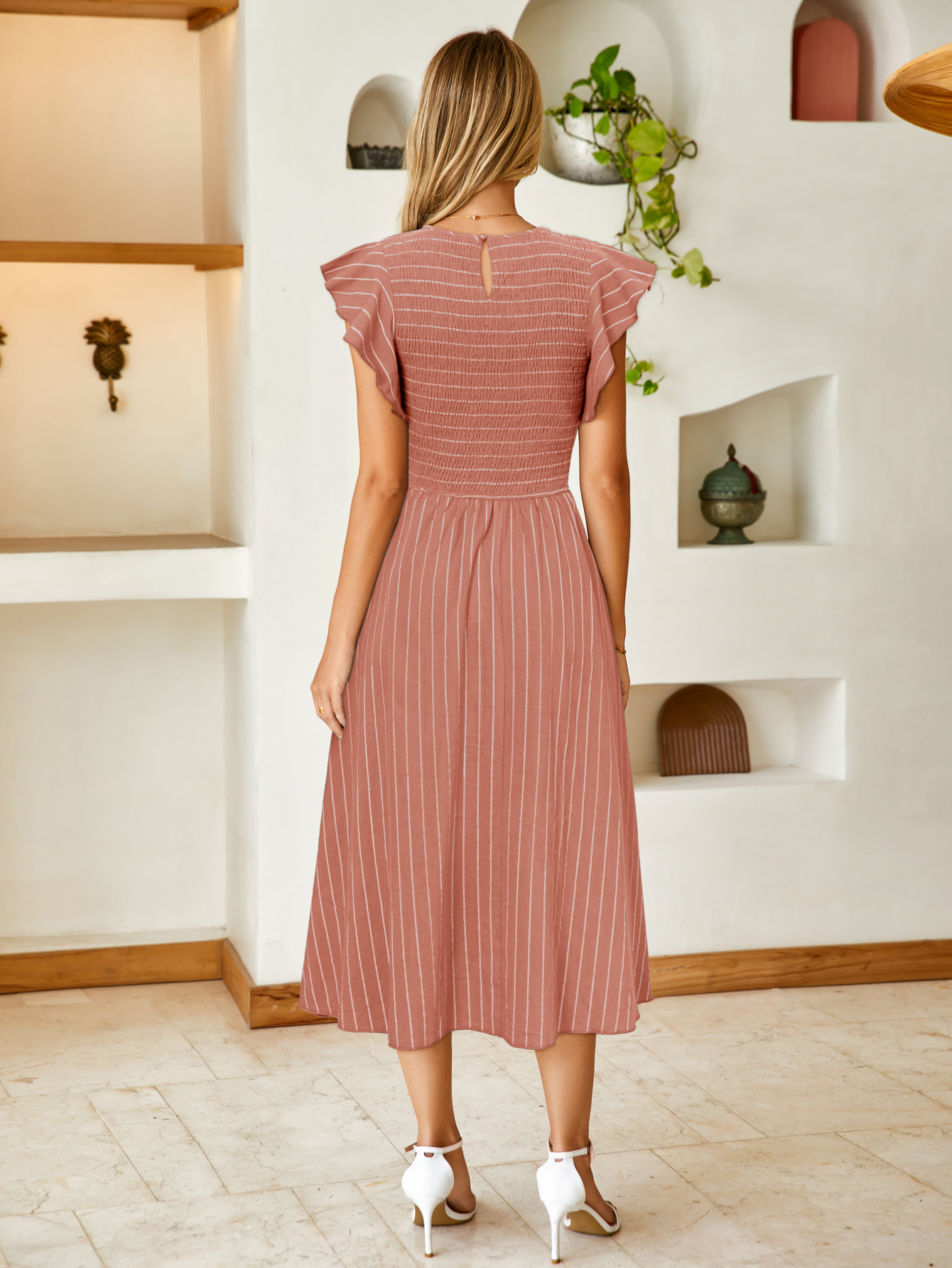 Striped Smocked Midi Dress with Flutter Sleeves