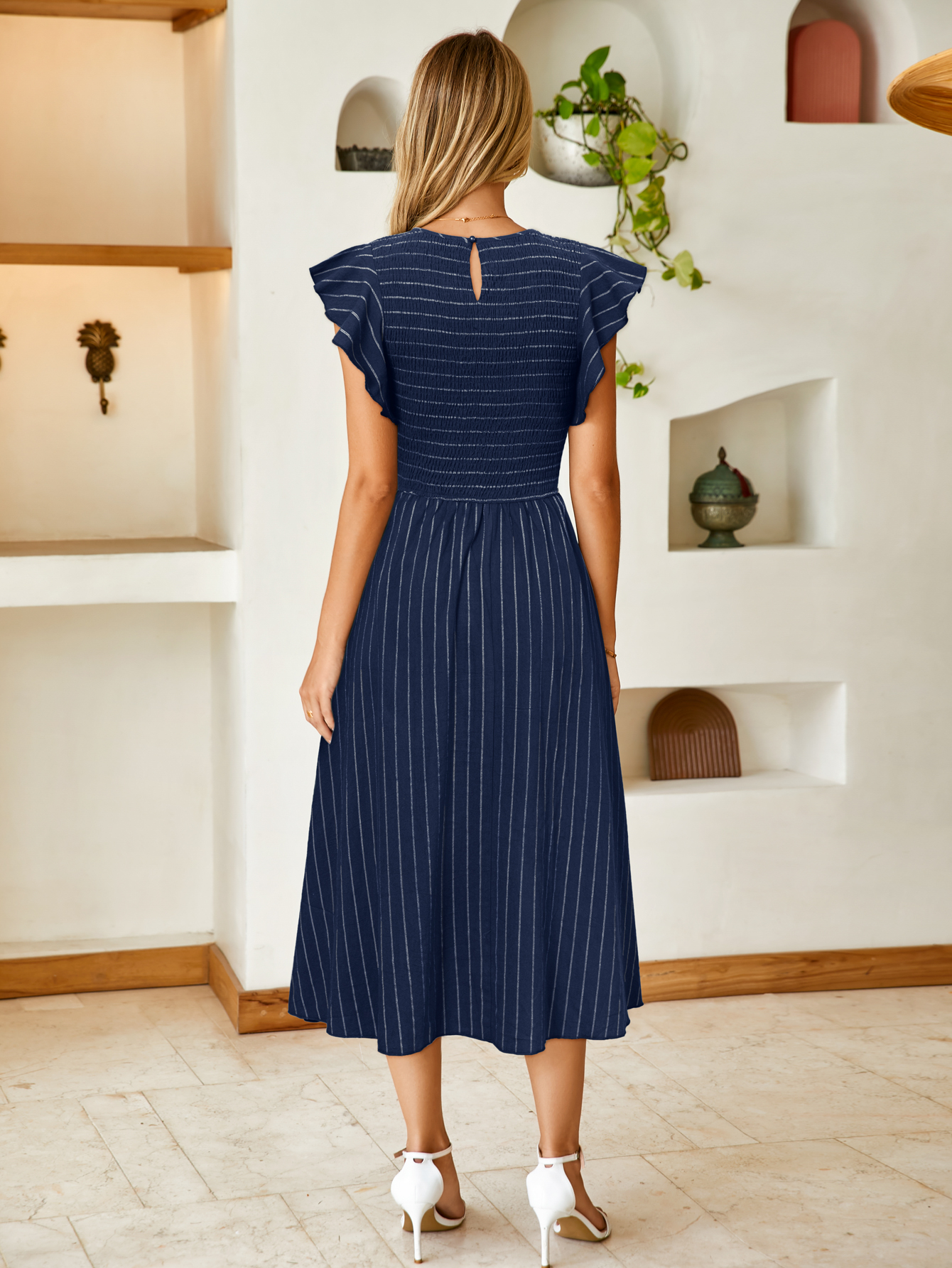 Striped Smocked Midi Dress with Flutter Sleeves