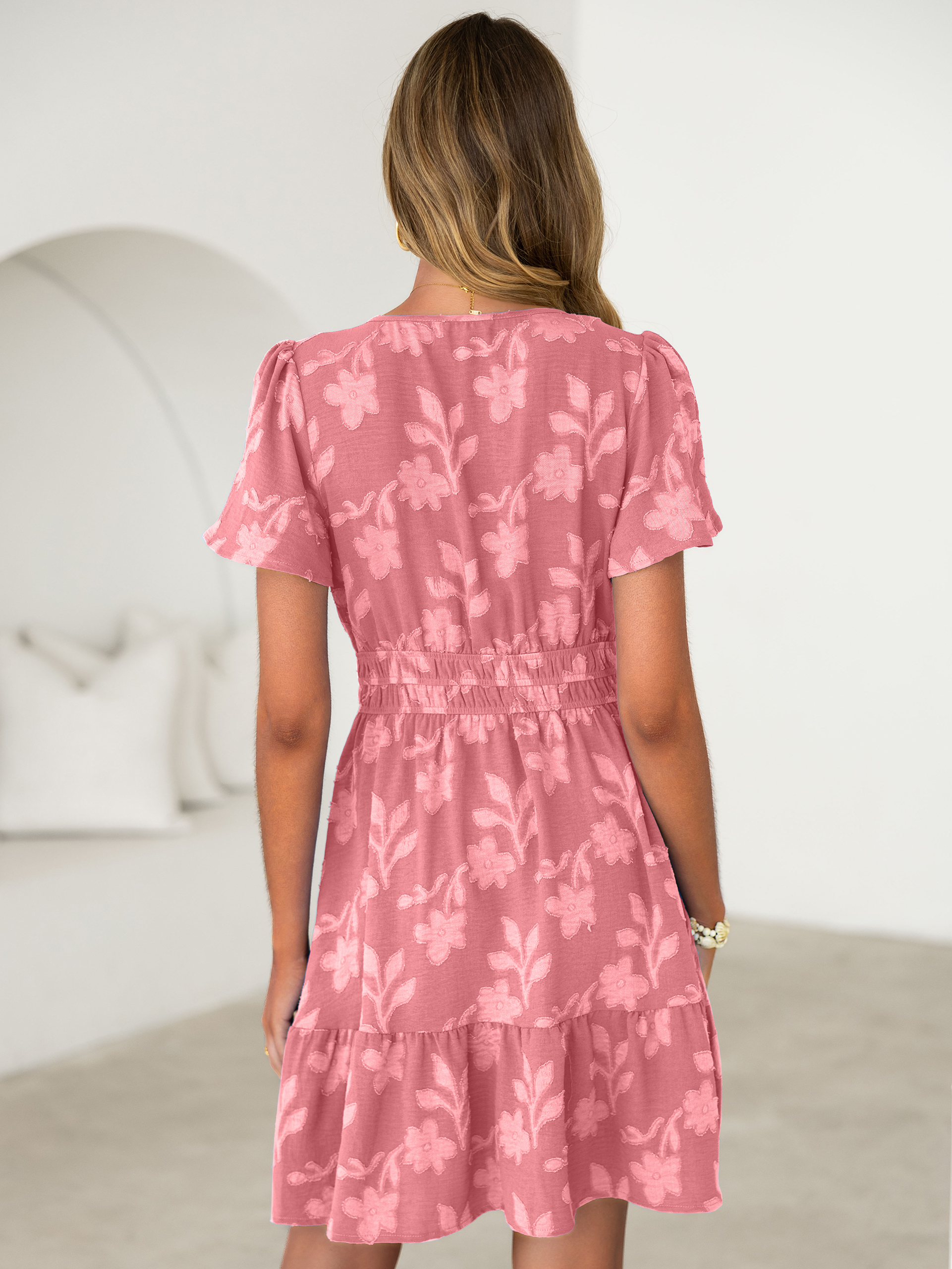 Floral Jacquard V Neck Short Sleeve Mini Dress - Rust Pink