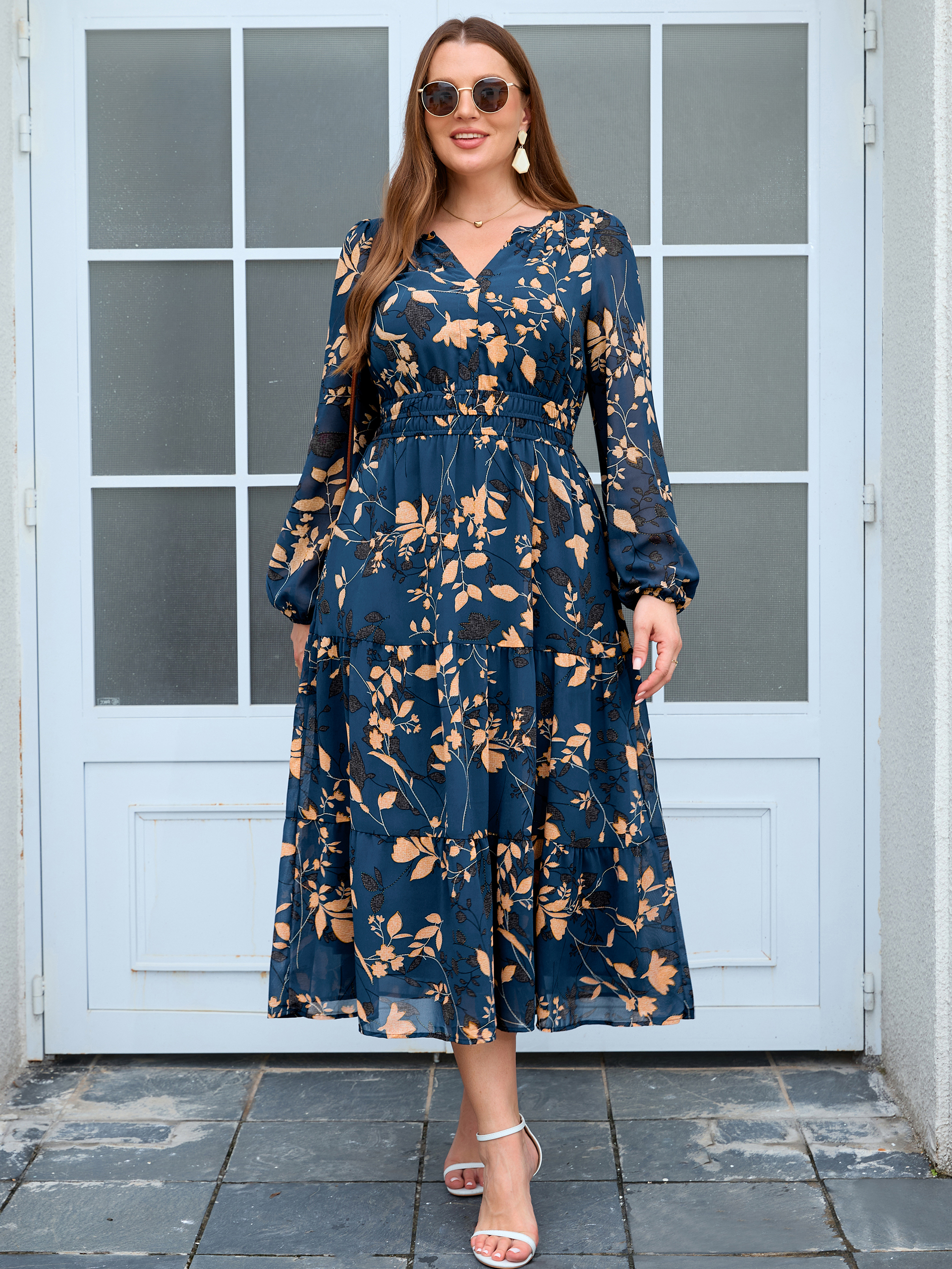 Plus Size V-Neck Long Sleeve Floral Chiffon Maxi Dress