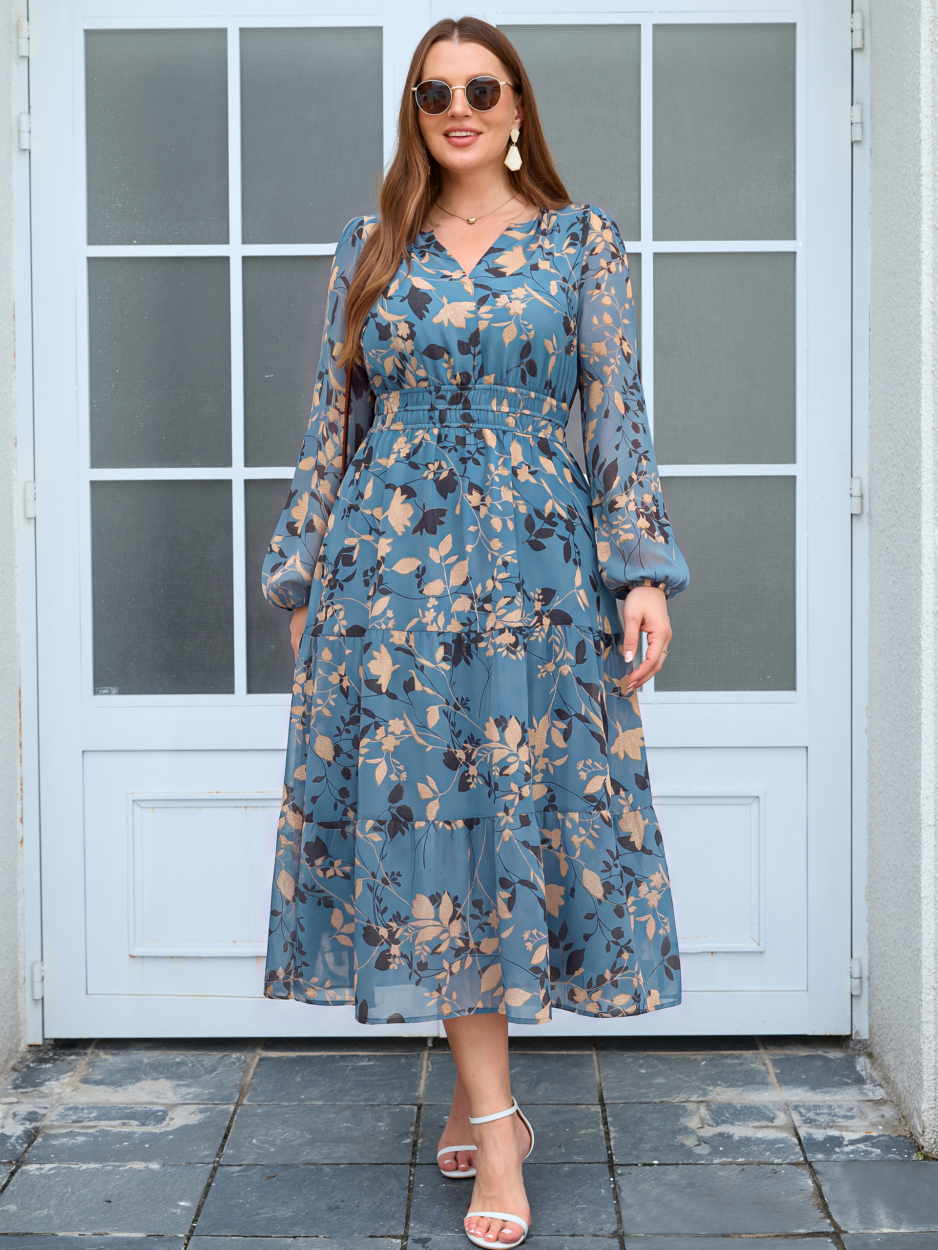 Plus Size V-Neck Long Sleeve Floral Chiffon Maxi Dress