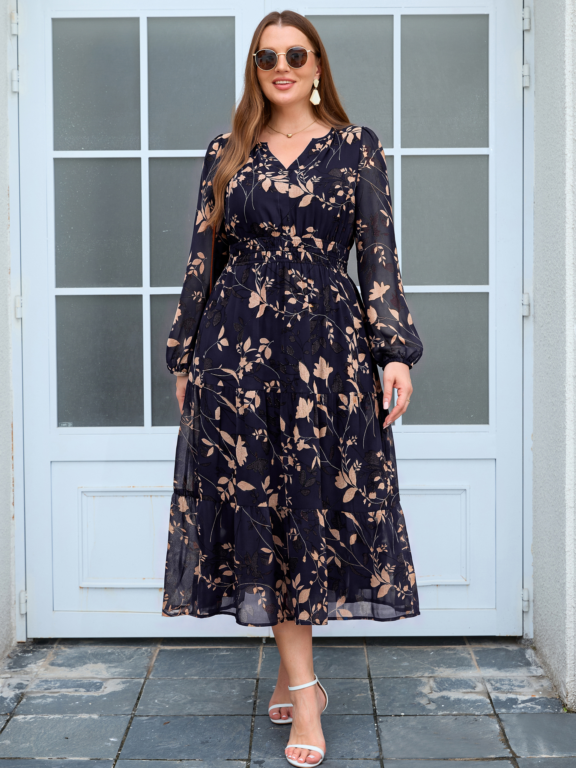 Plus Size V-Neck Long Sleeve Floral Chiffon Maxi Dress