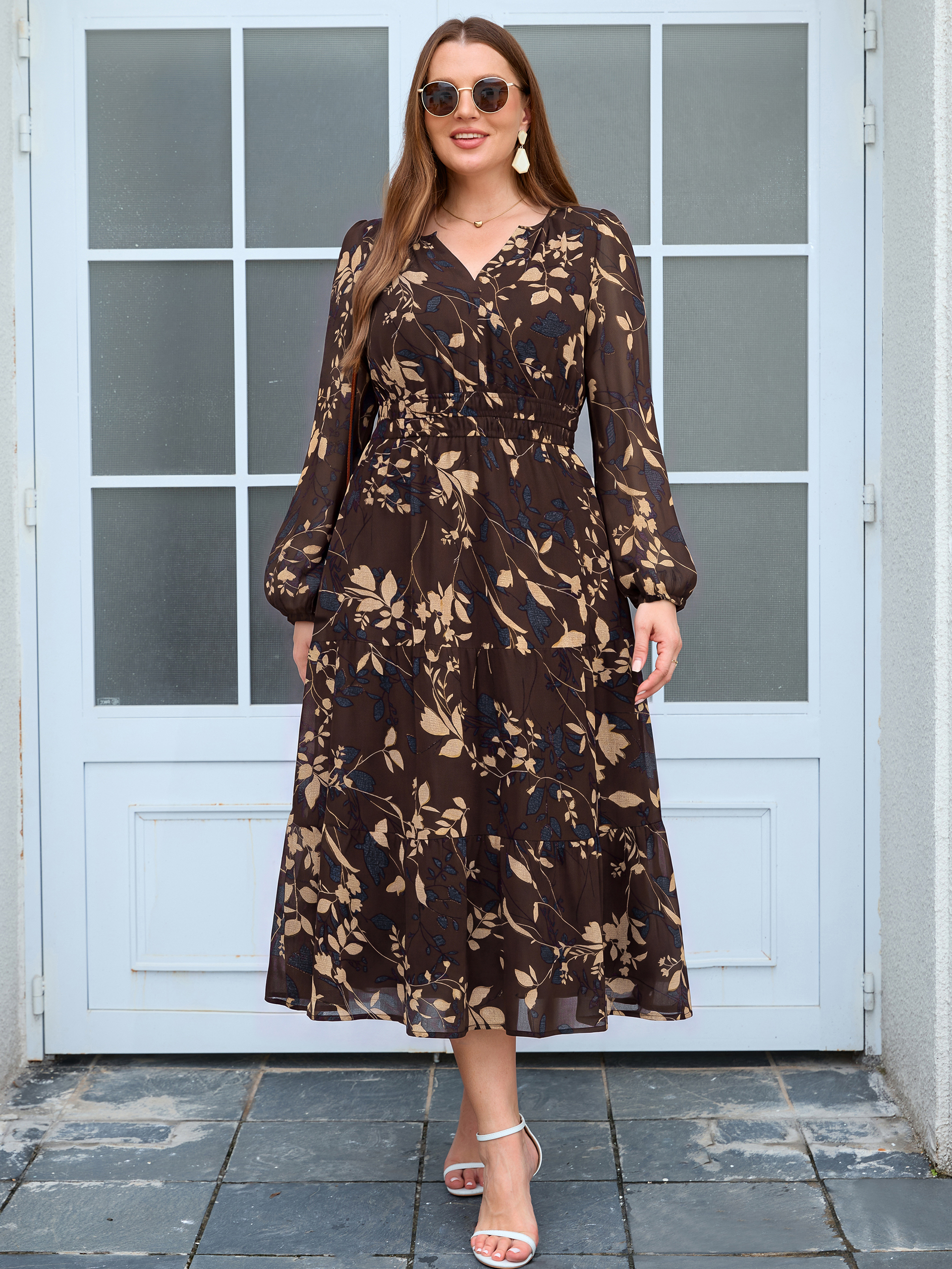 Plus Size V-Neck Long Sleeve Floral Chiffon Maxi Dress