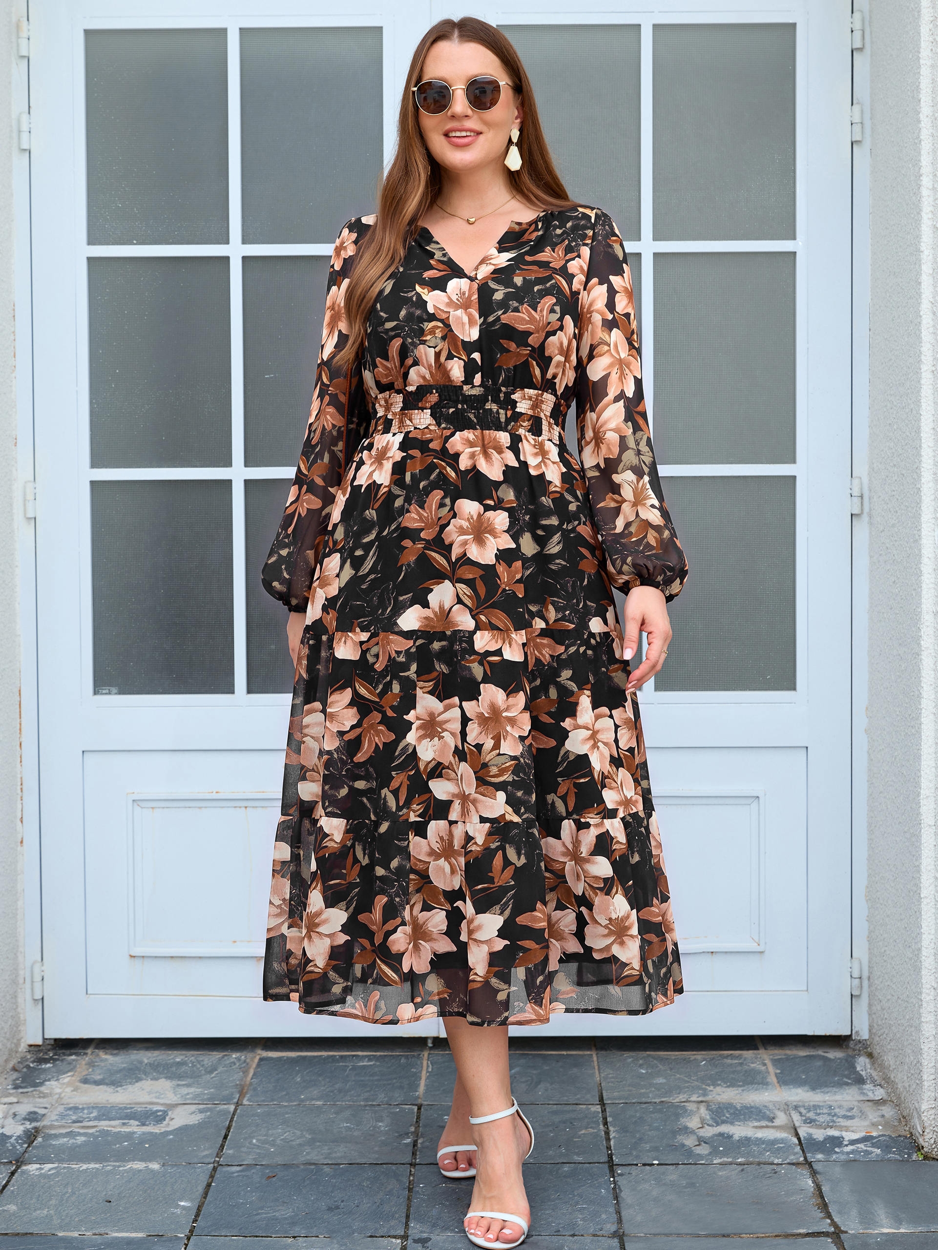 Plus Size V-Neck Long Sleeve Floral Chiffon Maxi Dress