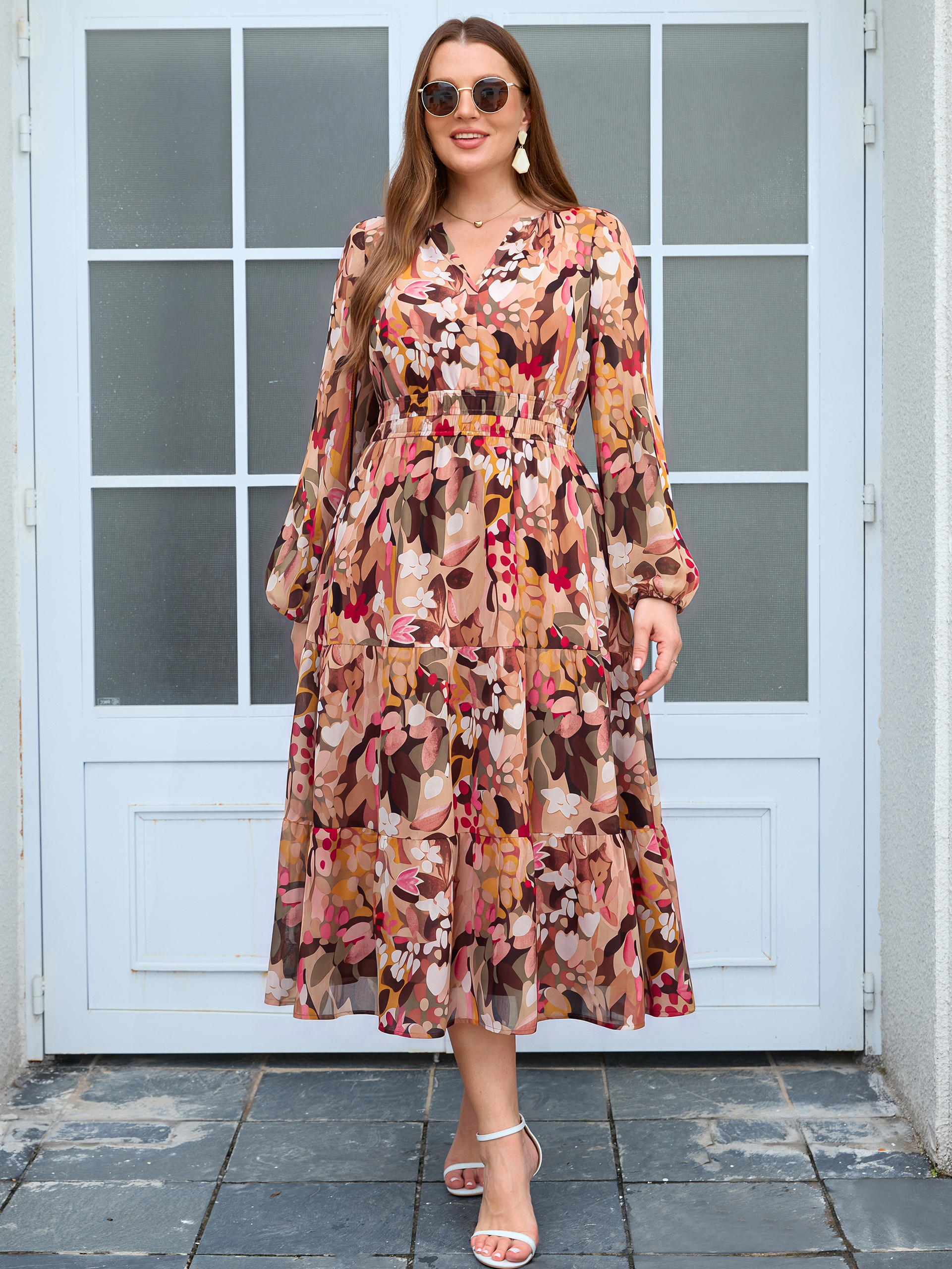Plus Size V-Neck Long Sleeve Floral Chiffon Maxi Dress