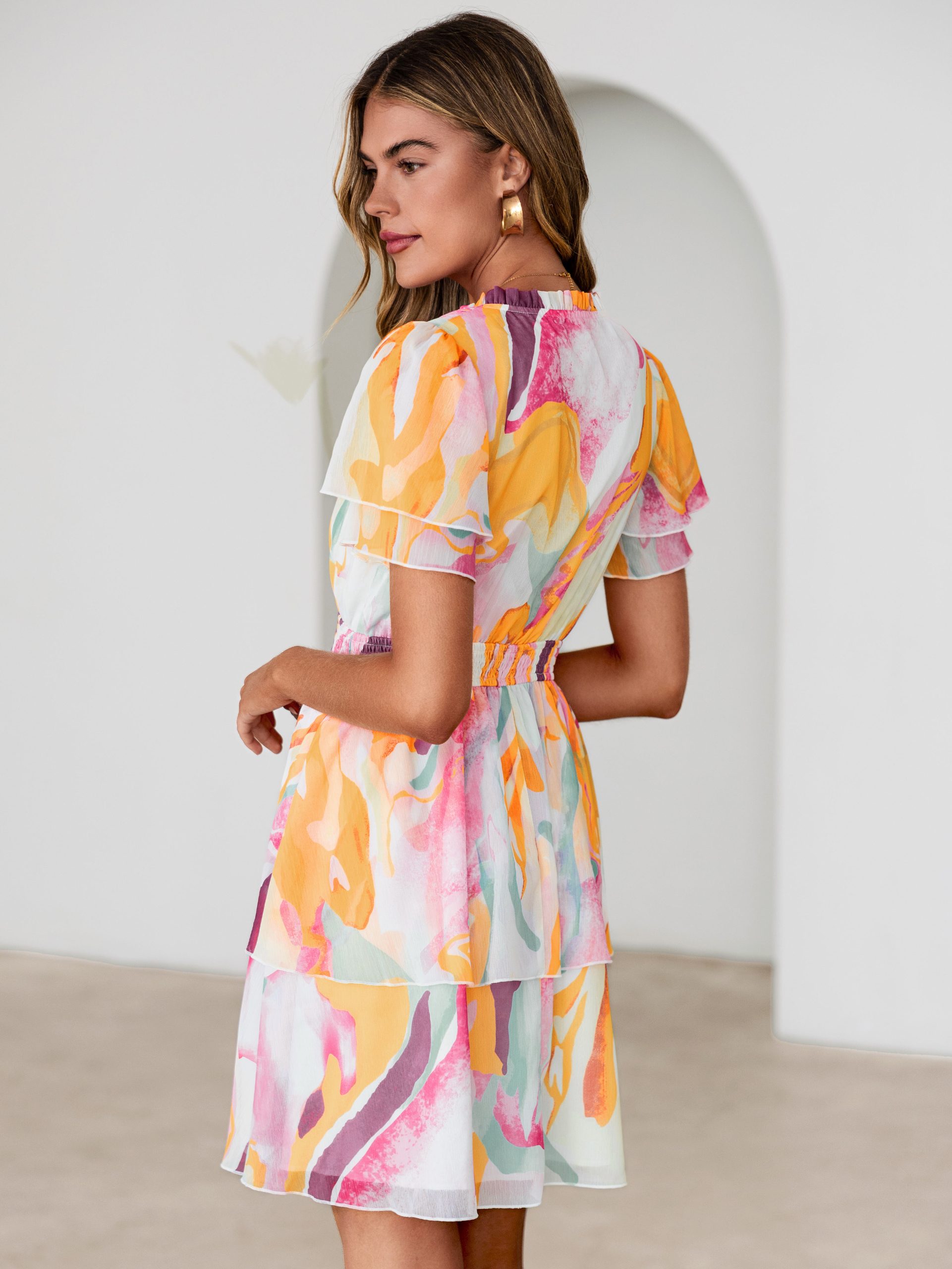 Floral Print V Neck Smocked Tiered Mini Dress