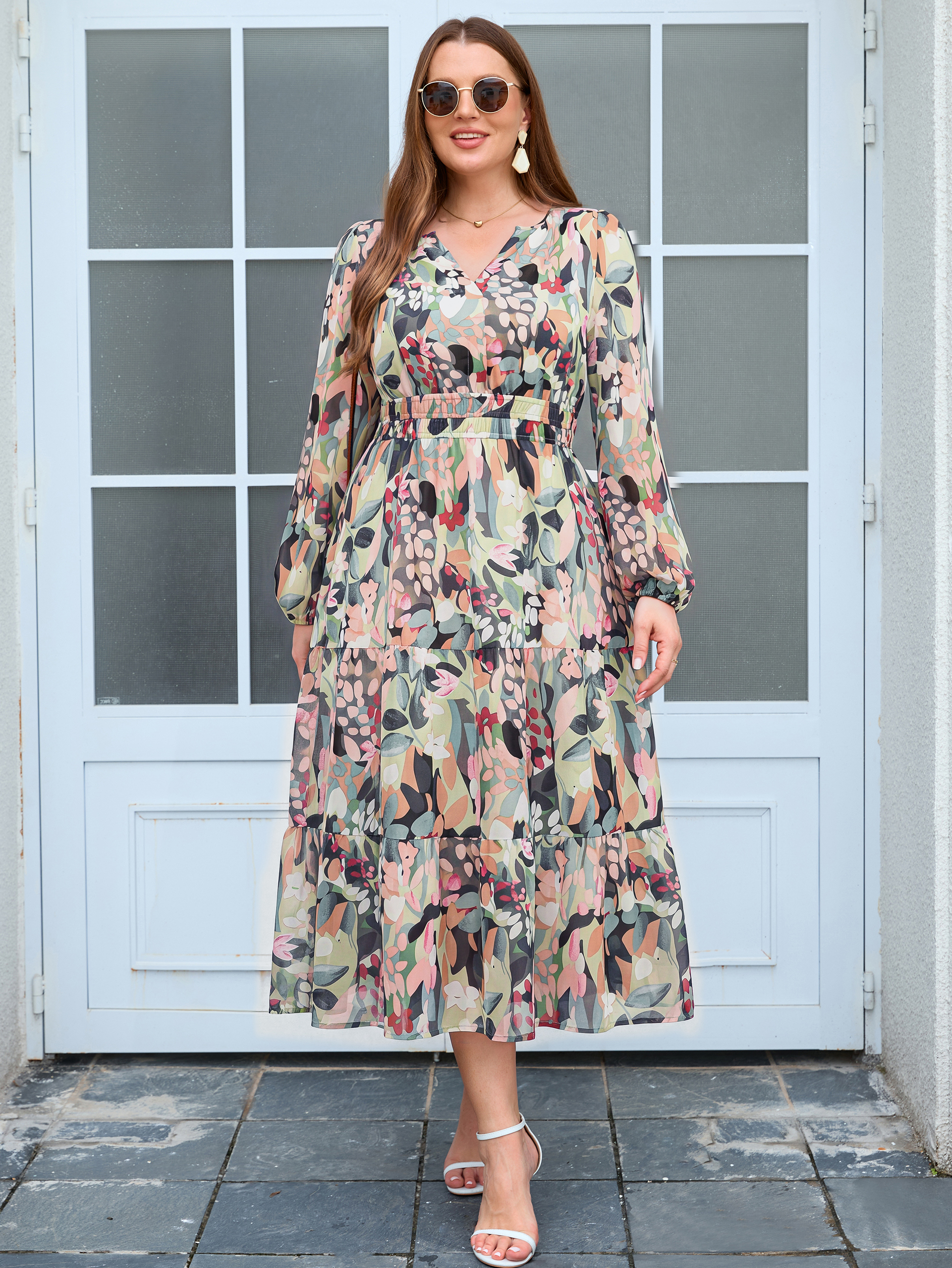 Plus Size V-Neck Long Sleeve Floral Chiffon Maxi Dress