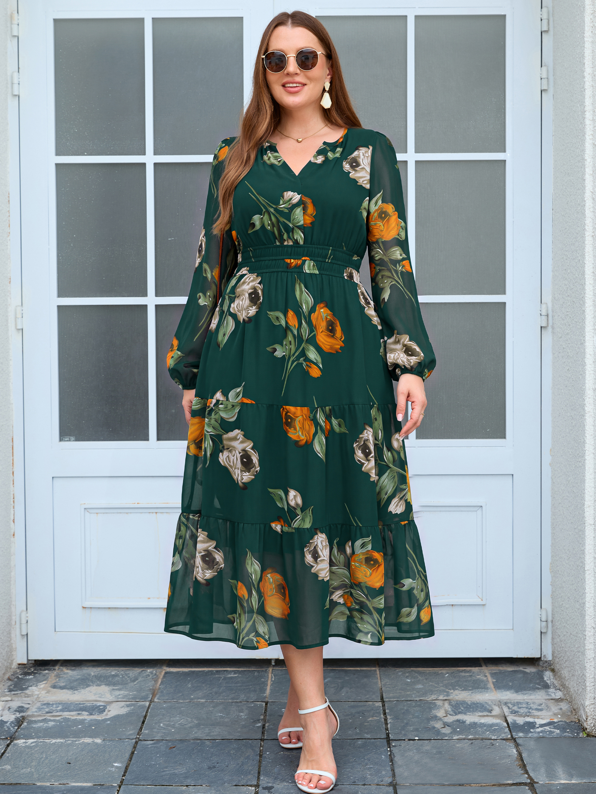 Plus Size V-Neck Long Sleeve Floral Chiffon Maxi Dress