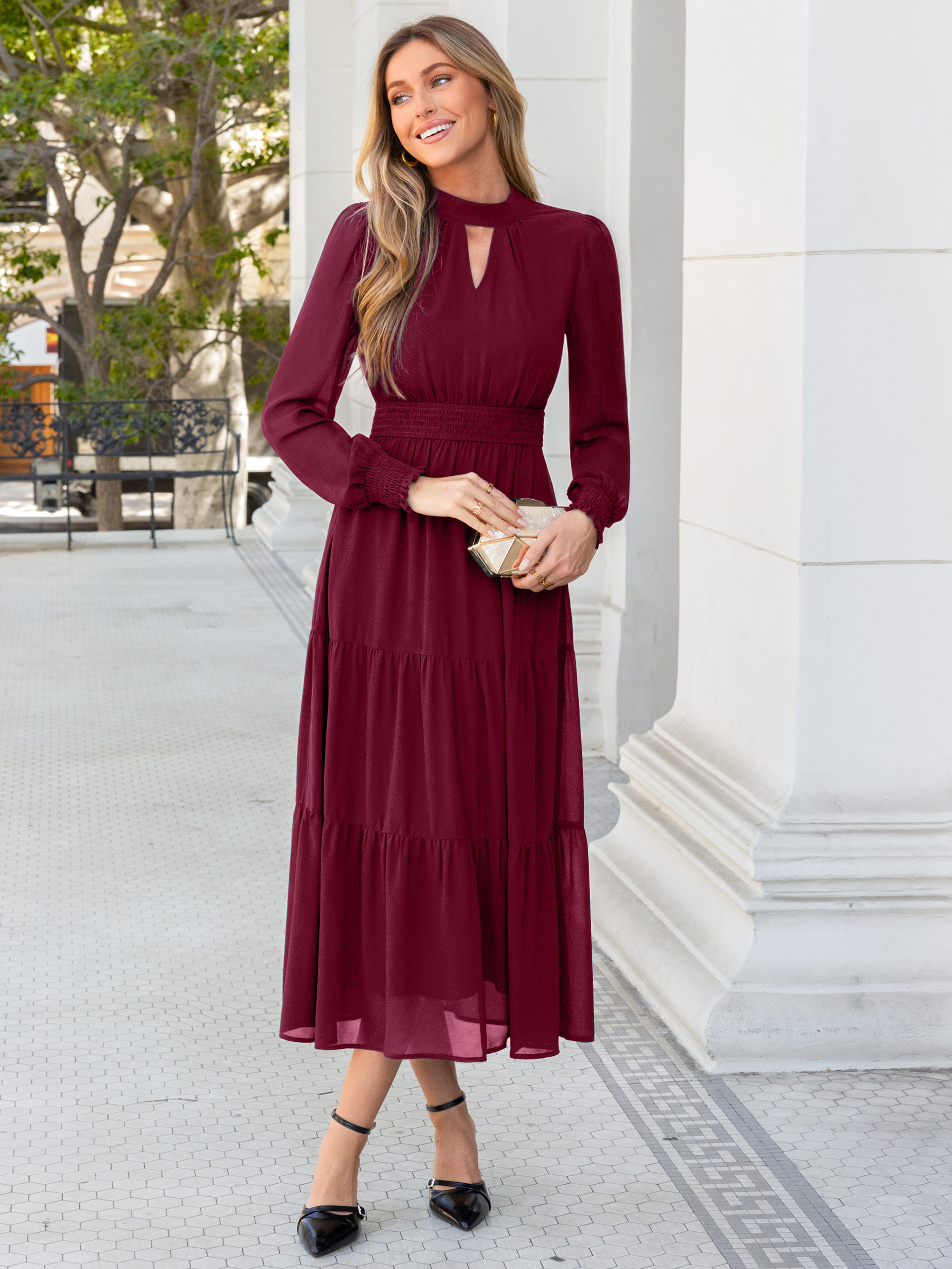 Mock Neck Keyhole Smocked Waist Chiffon Maxi Dress