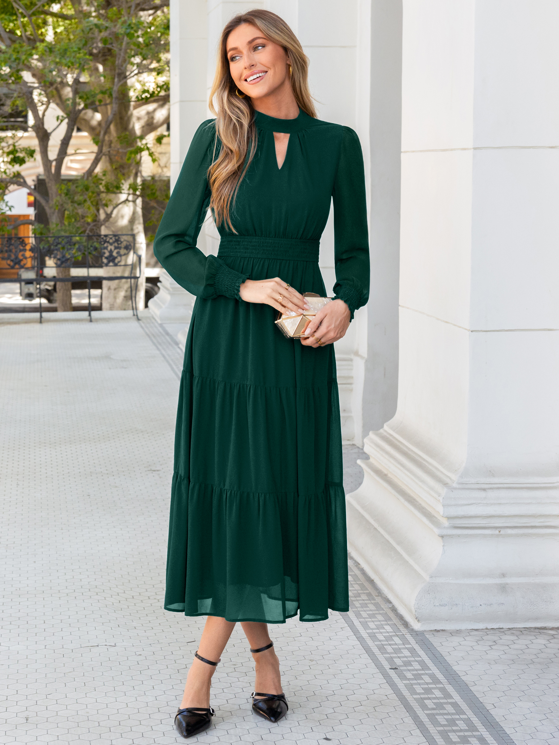Mock Neck Keyhole Smocked Waist Chiffon Maxi Dress
