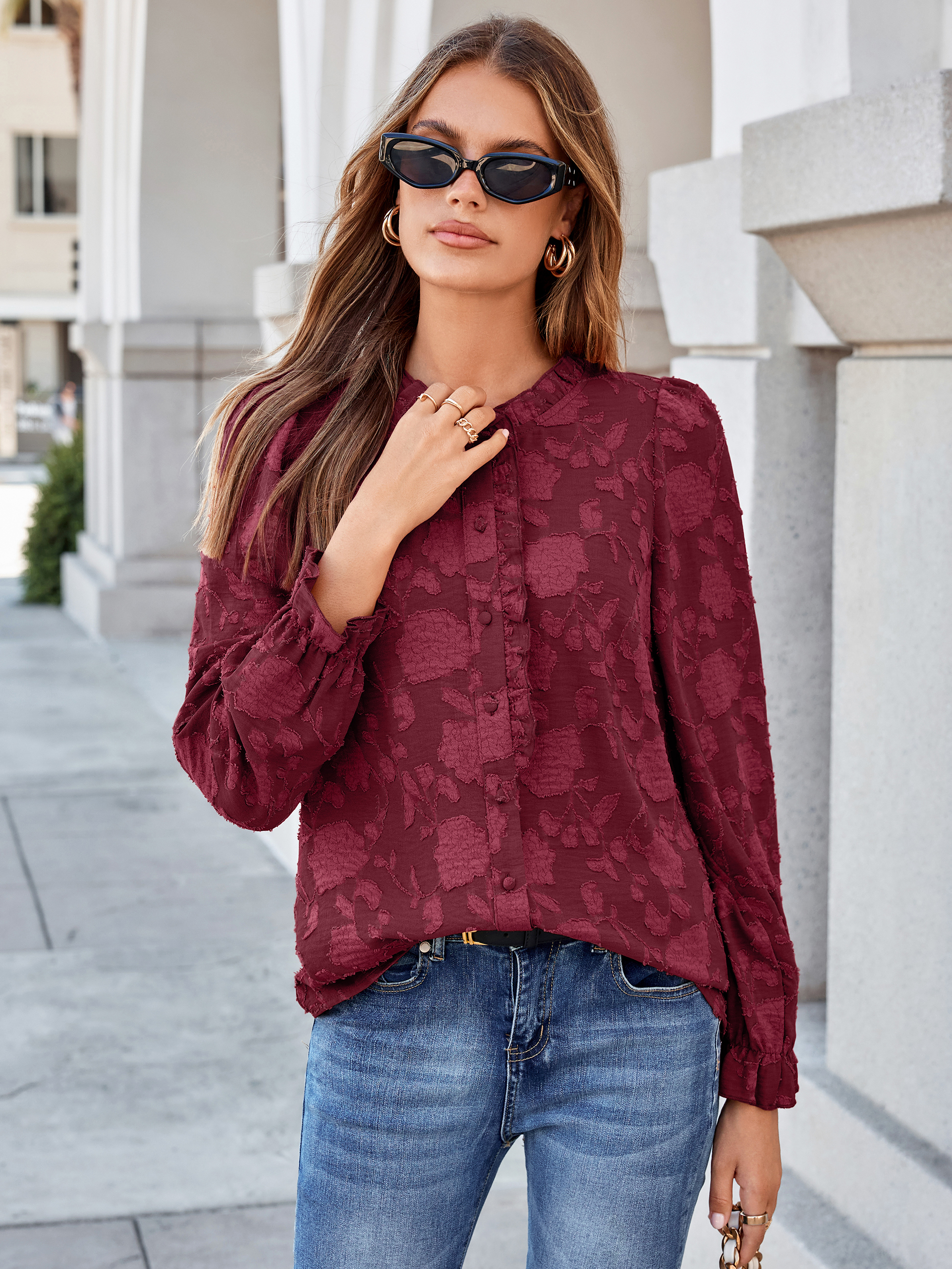 Frilled Ruffle Trim Burnout Floral Long Sleeve Blouse