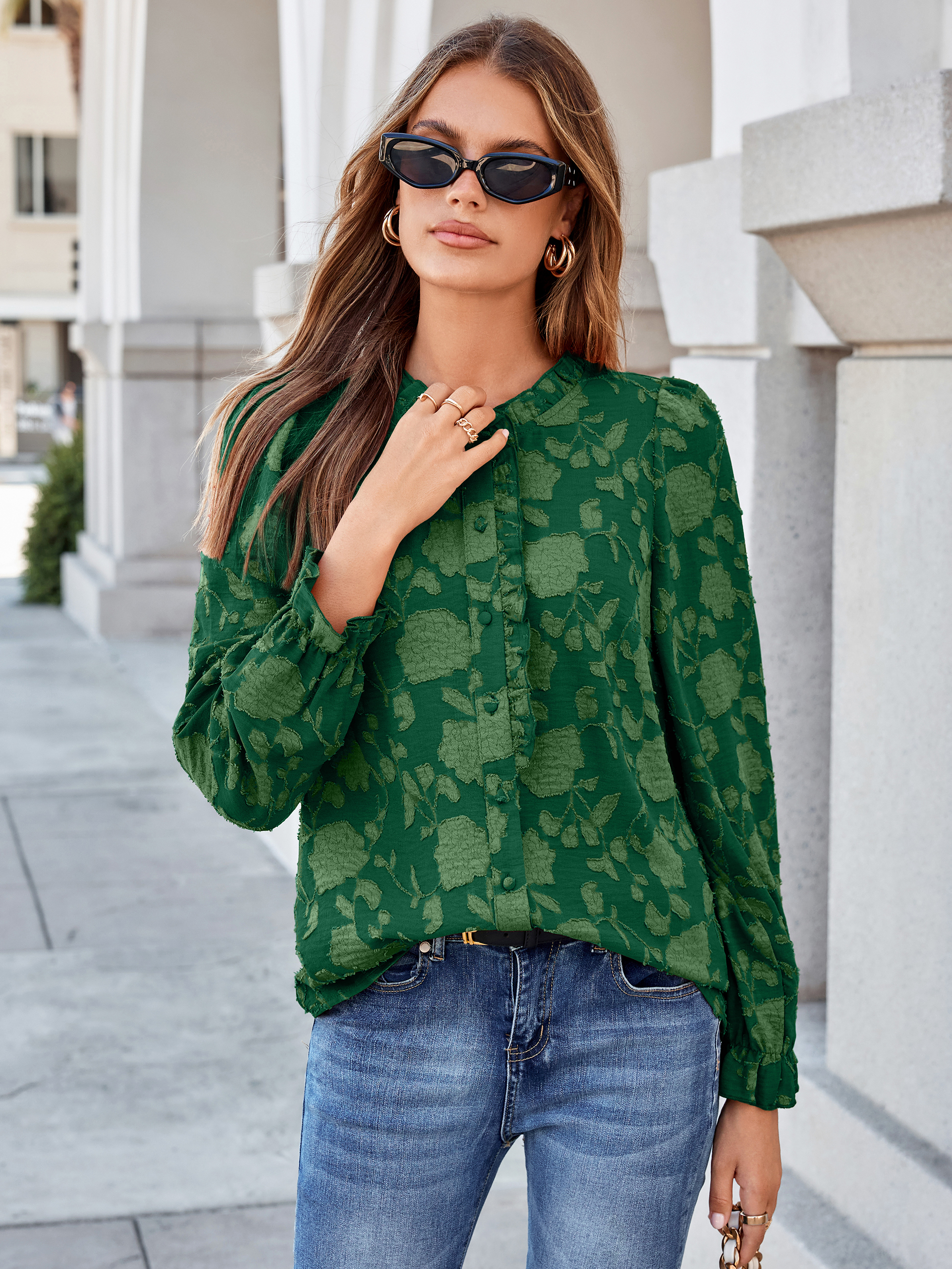 Frilled Ruffle Trim Burnout Floral Long Sleeve Blouse