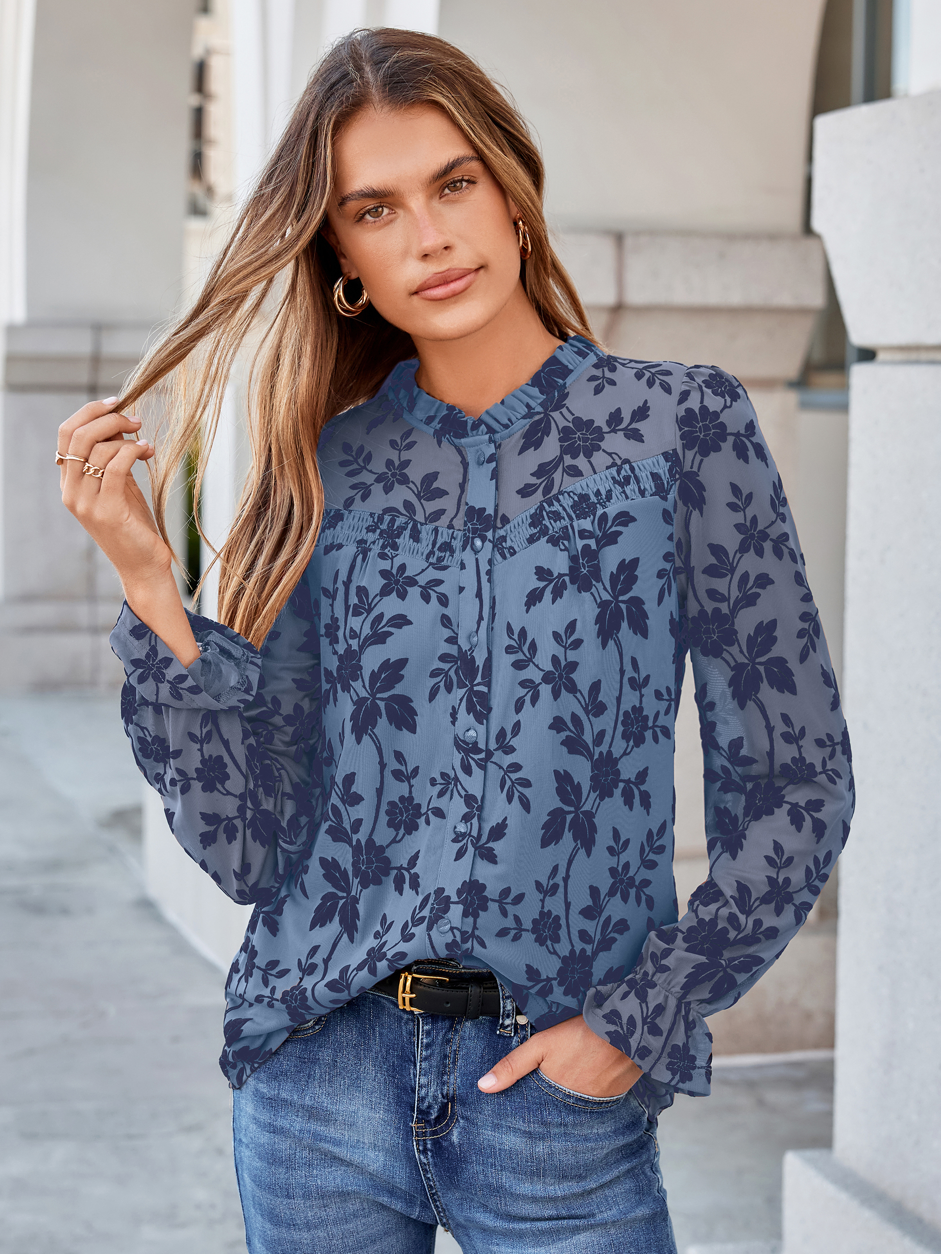 Flocked Floral Ruffled Mesh Long Sleeve Blouse