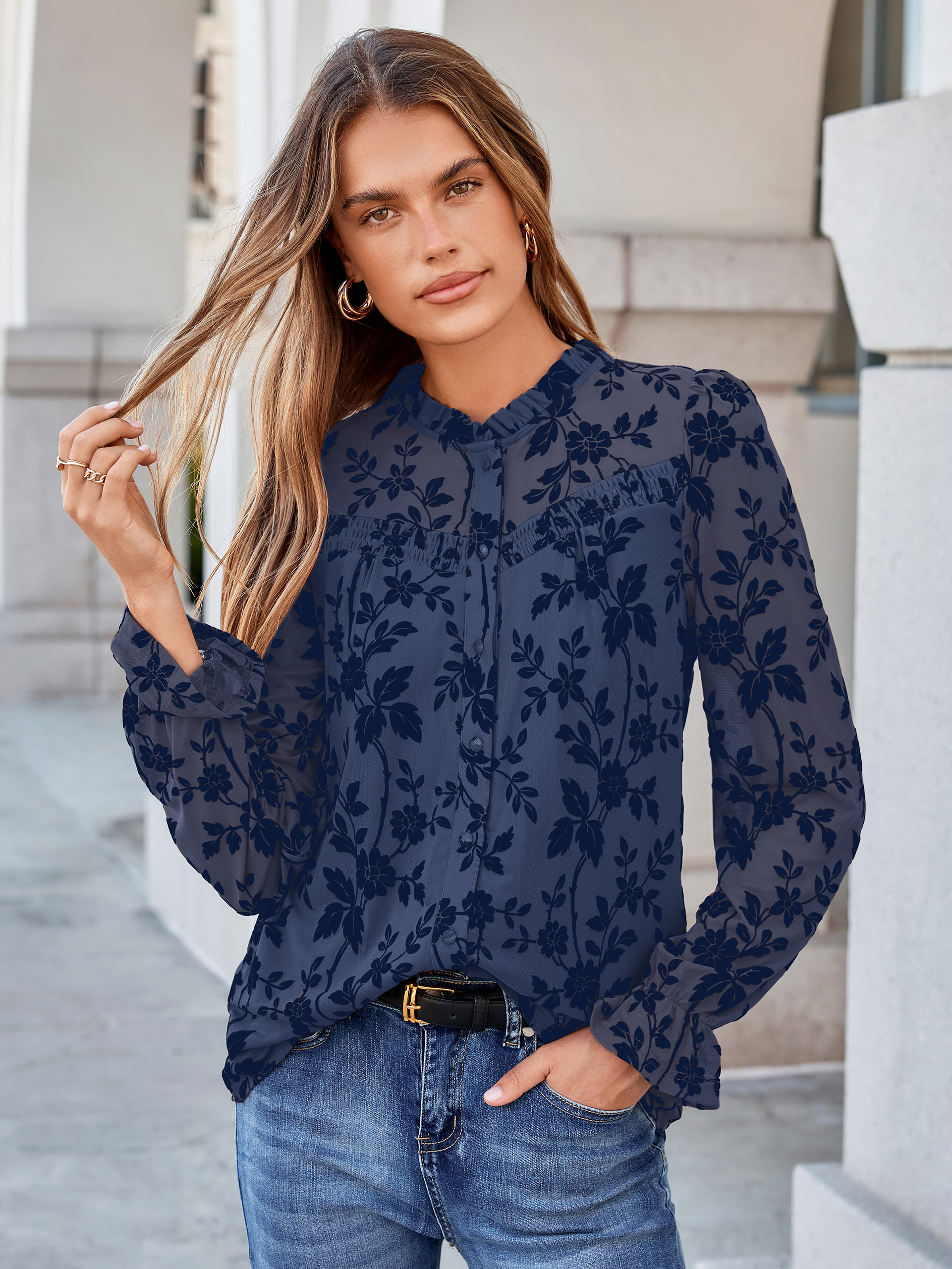 Flocked Floral Ruffled Mesh Long Sleeve Blouse