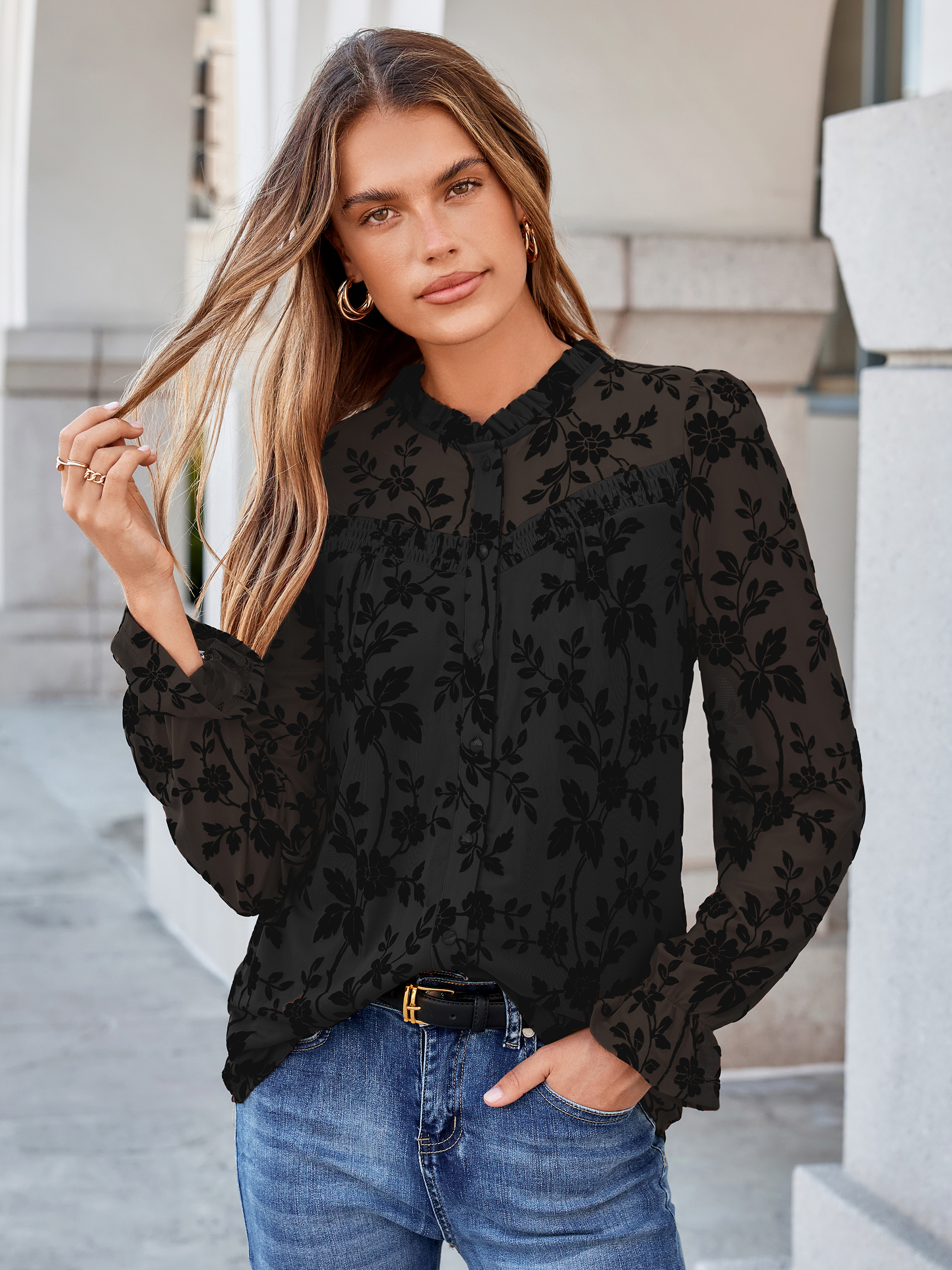 Flocked Floral Ruffled Mesh Long Sleeve Blouse