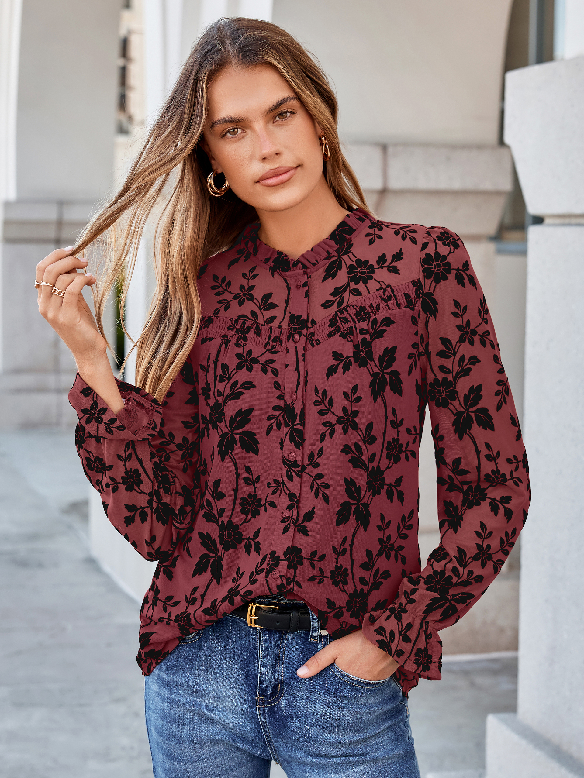 Flocked Floral Ruffled Mesh Long Sleeve Blouse